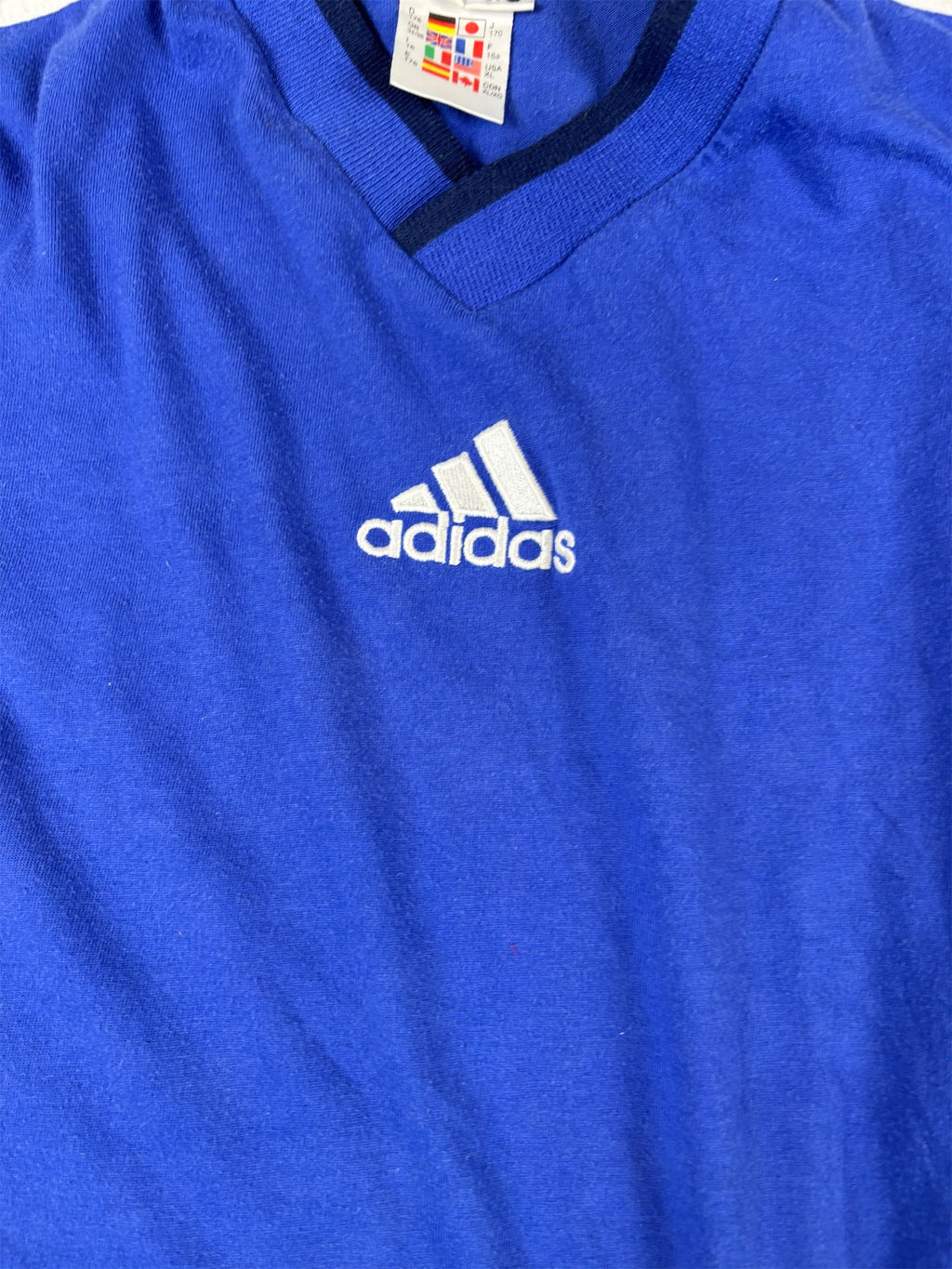 Vintage 90s Adidas T-Shirt Mens L Blue Navy Panels V-Neck Centre Logo