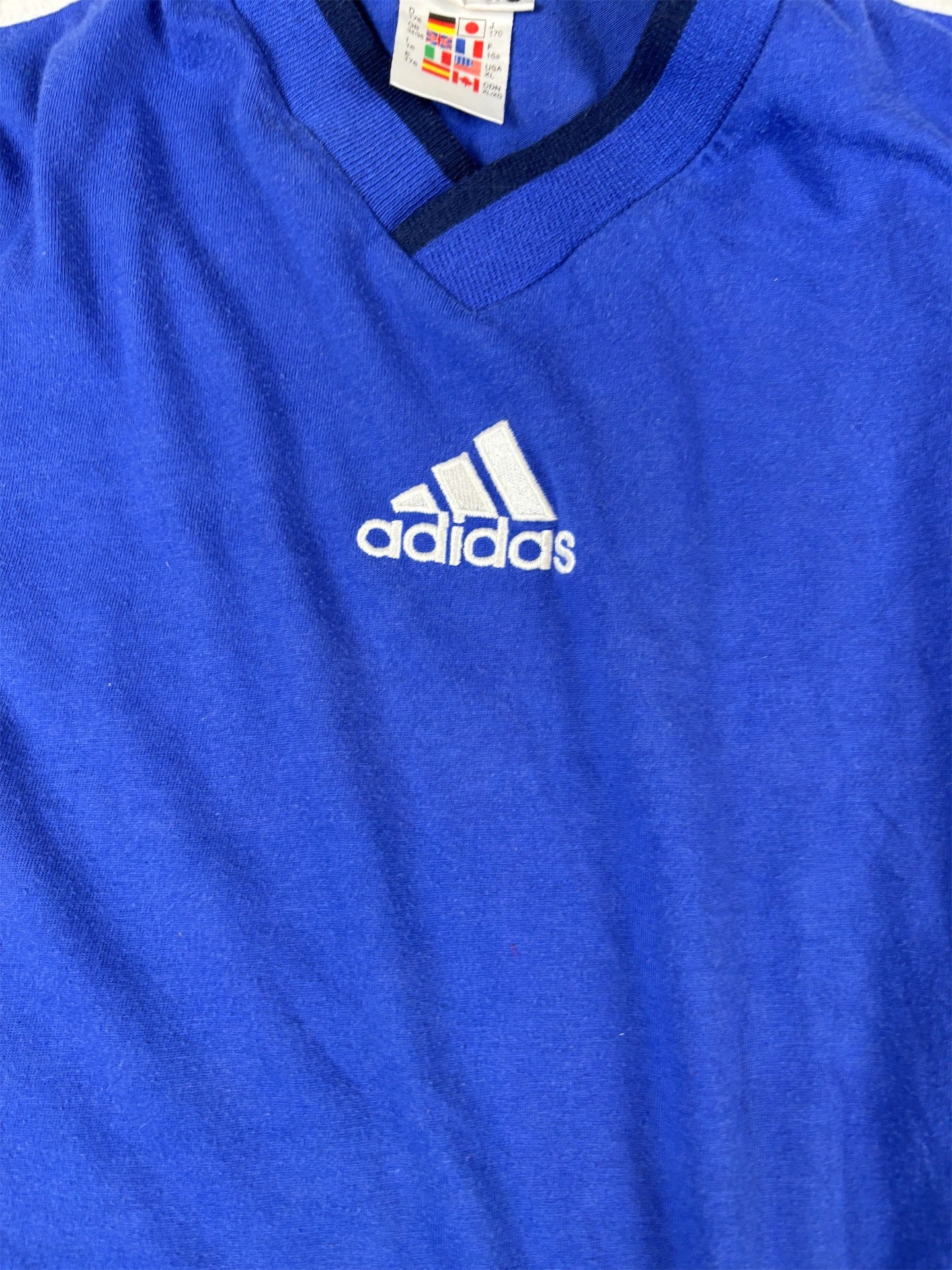 Vintage 90s Adidas T-Shirt Mens L Blue Navy Panels V-Neck Centre Logo