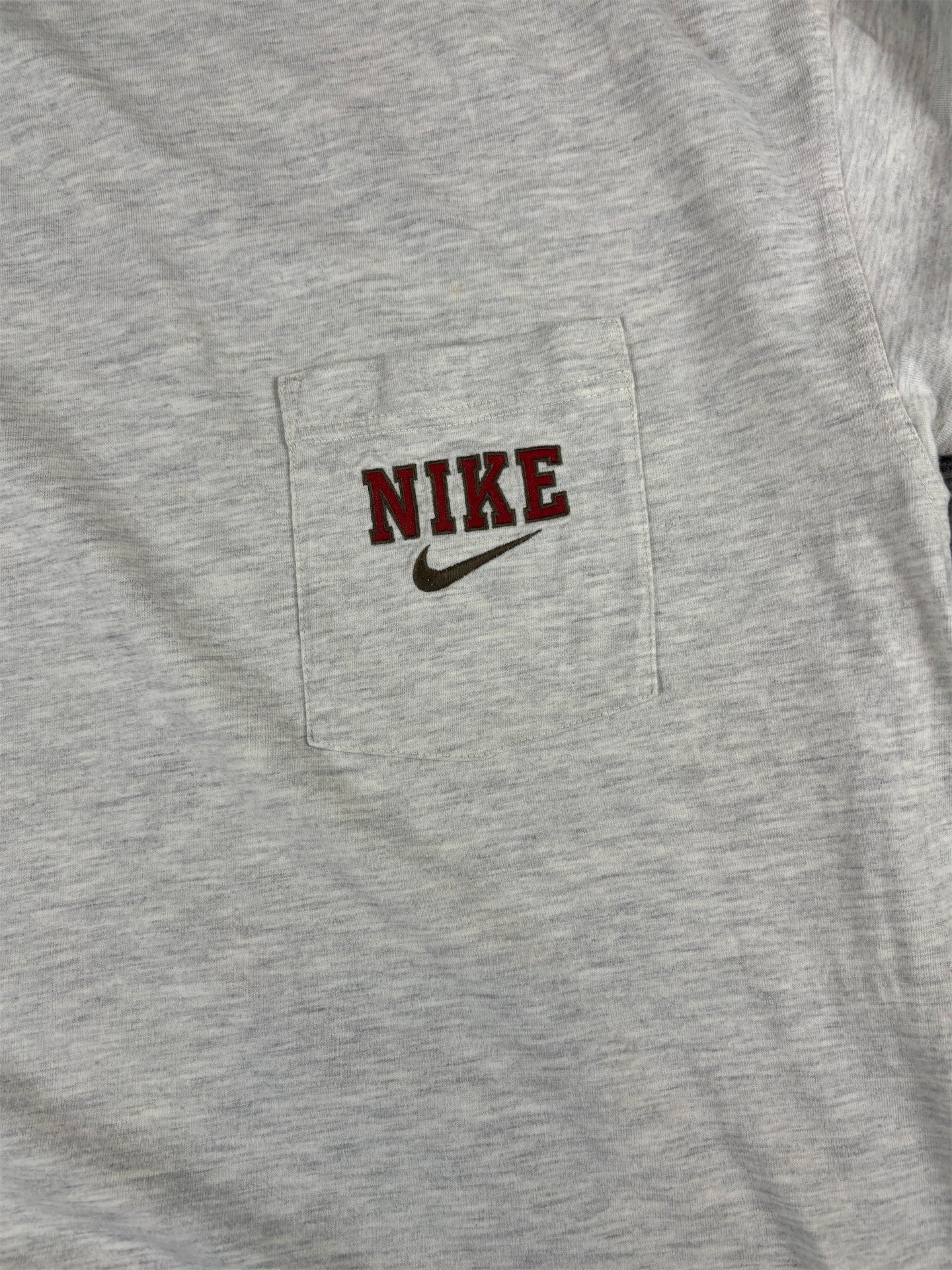 Vintage 90s Nike T-Shirt XL Grey Ringer Style Spell Out Embroidered Logo Chest Pocket