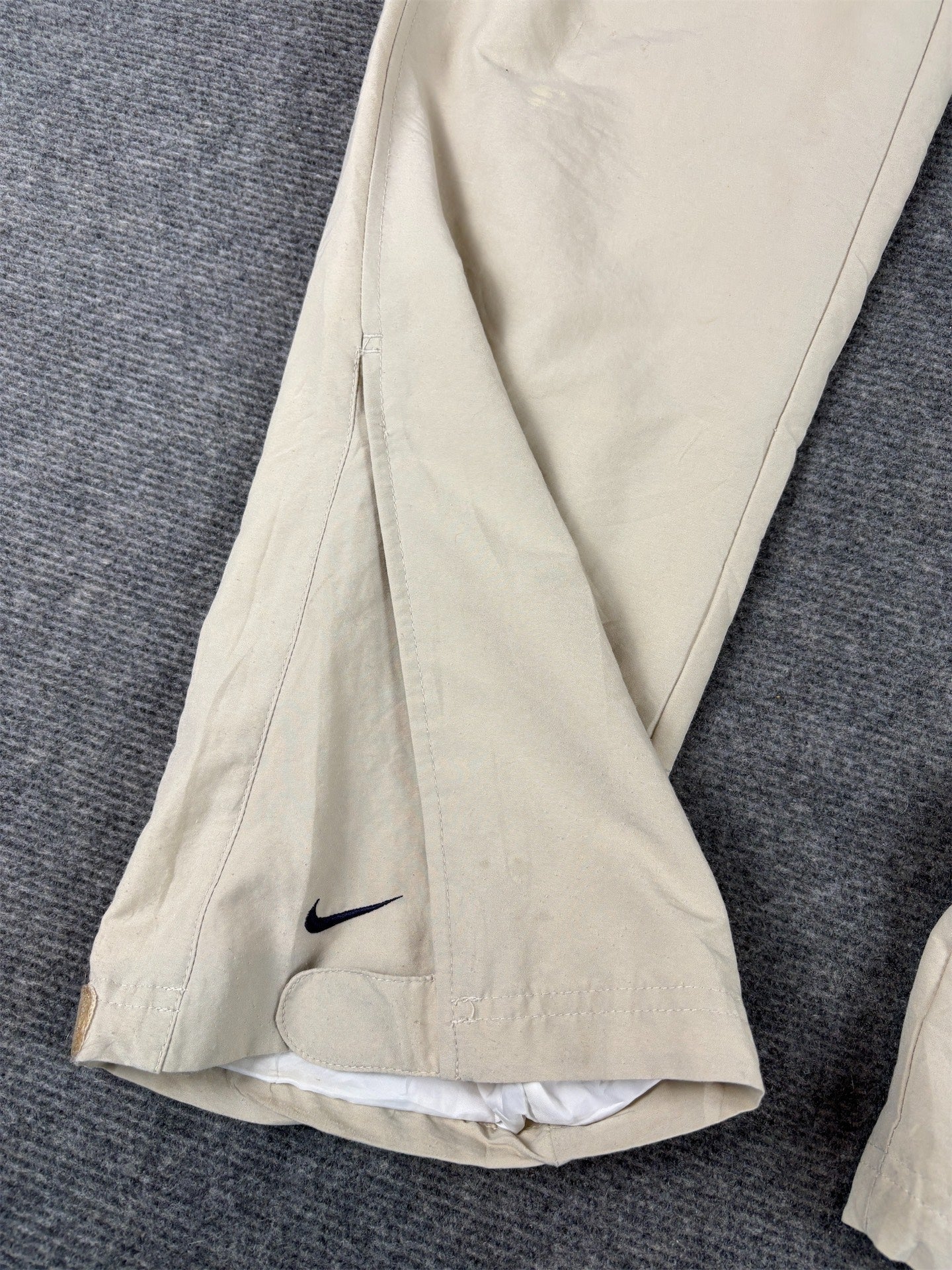 Vintage Y2K Nike Track Pants Size S Beige Cream Navy Ankle Swoosh Straight Leg