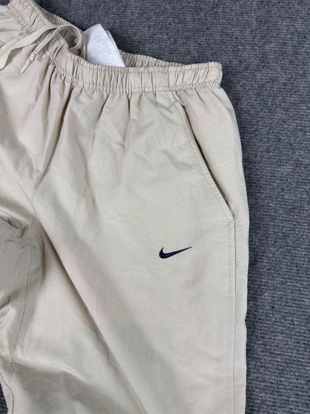 Vintage Y2K Nike Track Pants Size S Beige Cream Navy Ankle Swoosh Straight Leg