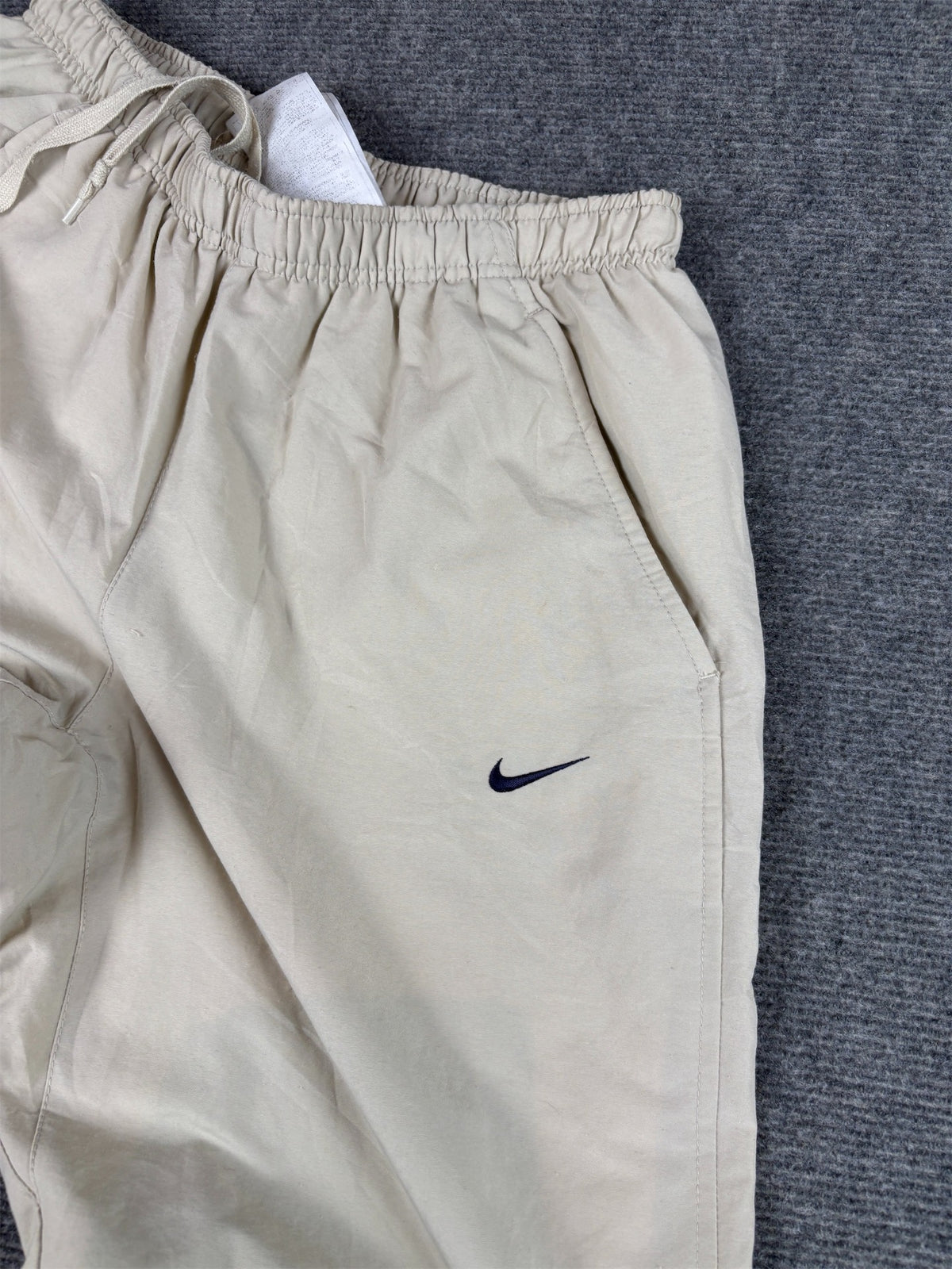 Vintage Y2K Nike Track Pants Size S Beige Cream Navy Ankle Swoosh Straight Leg