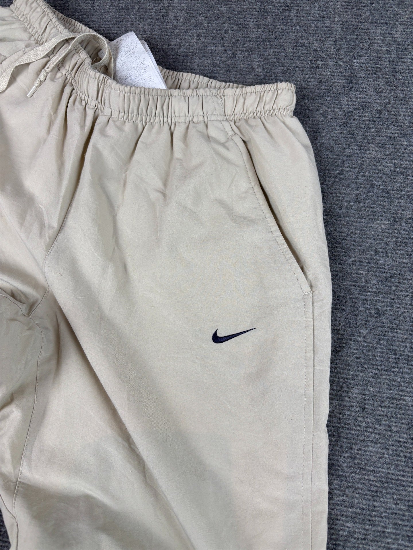 Vintage Y2K Nike Track Pants Size S Beige Cream Navy Ankle Swoosh Straight Leg