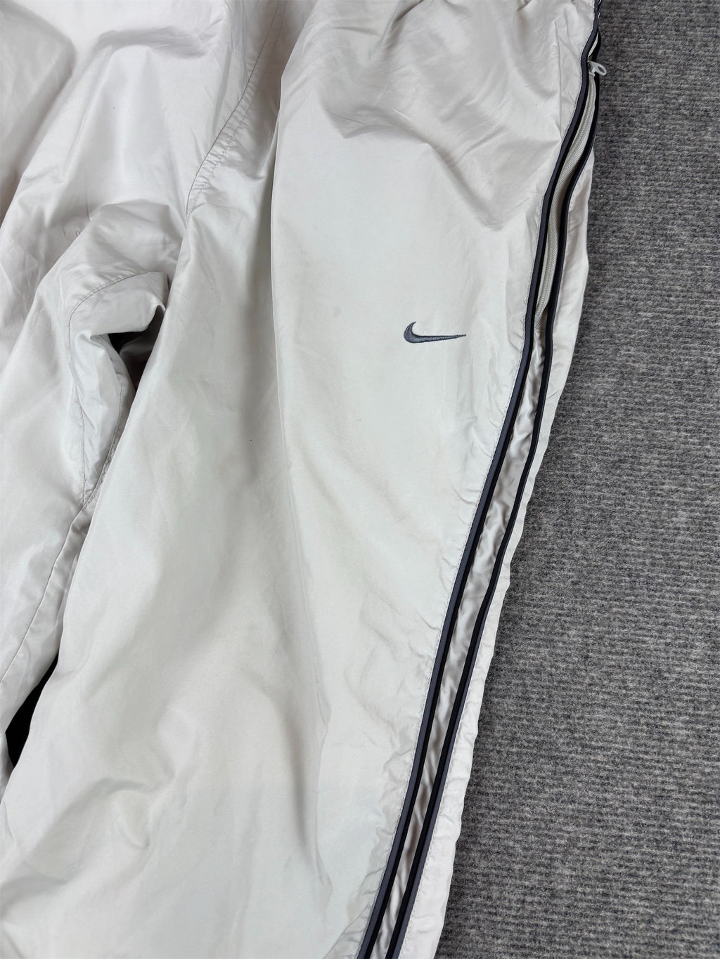 Vintage Y2K Nike Track Pants Size L Grey Silver Black Piping Ankle Zips w/ Swoosh Wide Leg