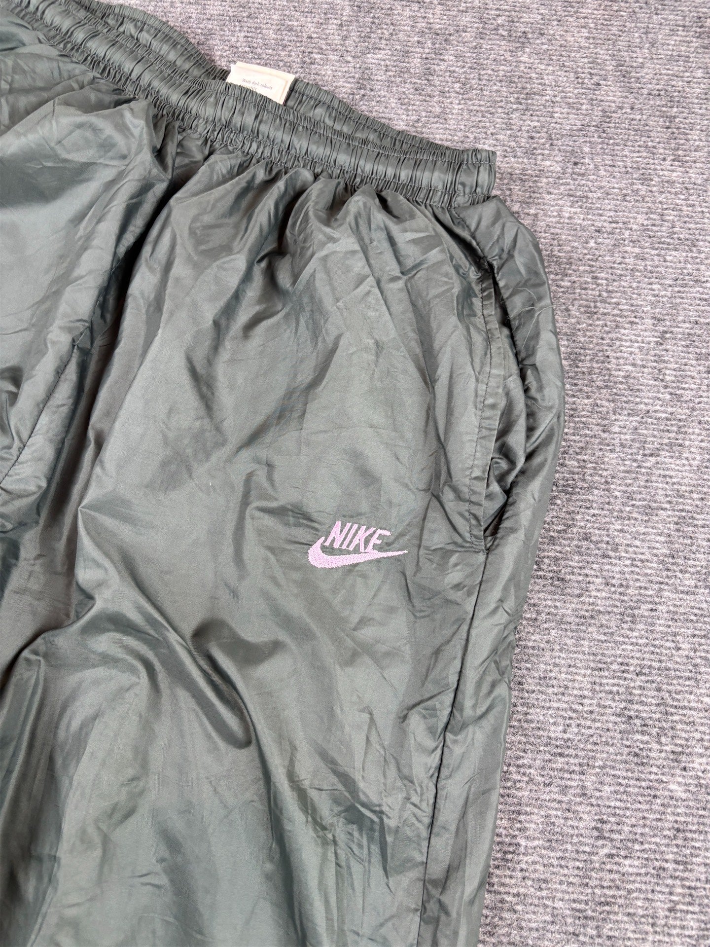 Vintage 80s Nike Track Pants M Grey Pink Logo Parachute Cuffed Ankle Zips