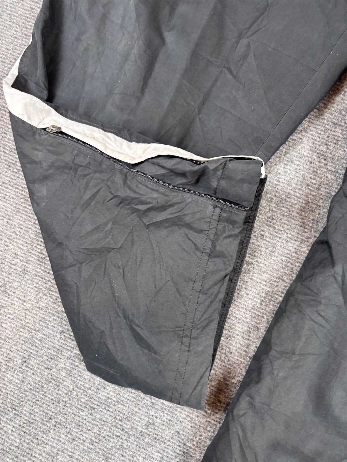 Vintage Y2K Nike Track Pants L Black Poly White Swoosh Panel Ankle Zips Wide Leg