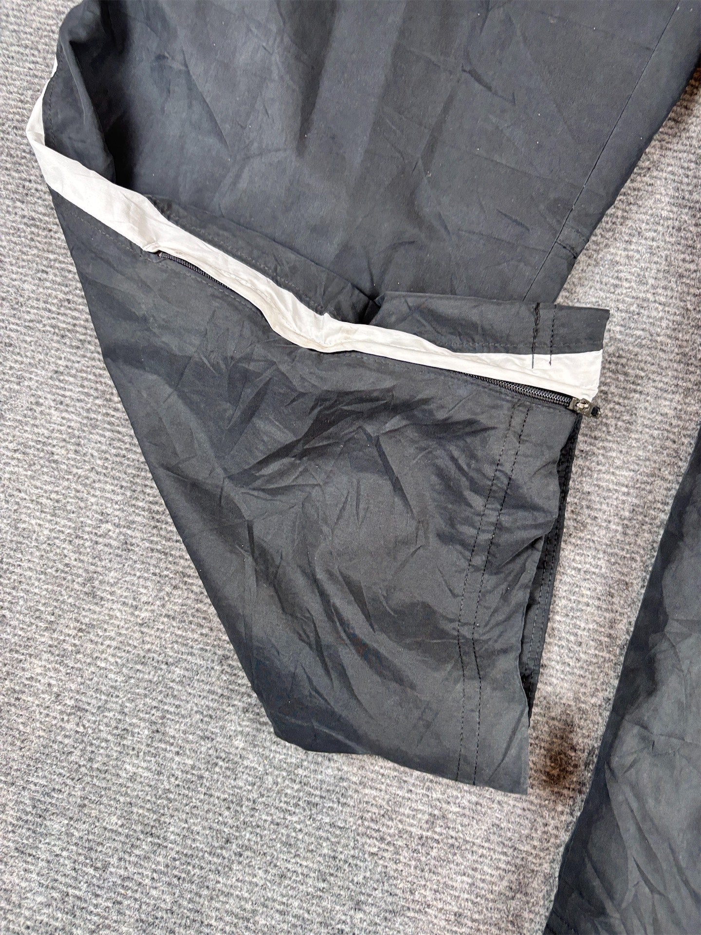 Vintage Y2K Nike Track Pants L Black Poly White Swoosh Panel Ankle Zips Wide Leg