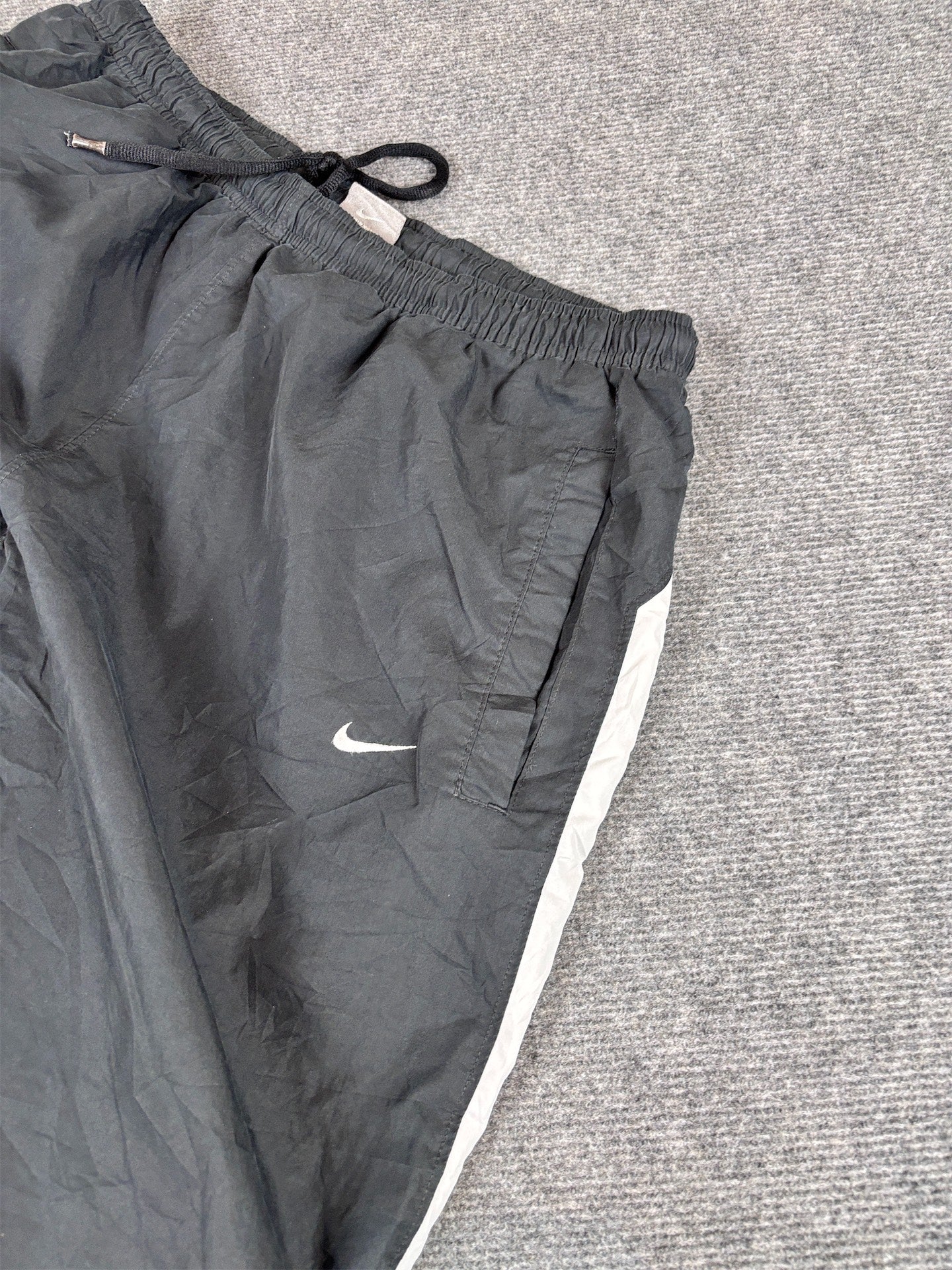 Vintage Y2K Nike Track Pants L Black Poly White Swoosh Panel Ankle Zips Wide Leg
