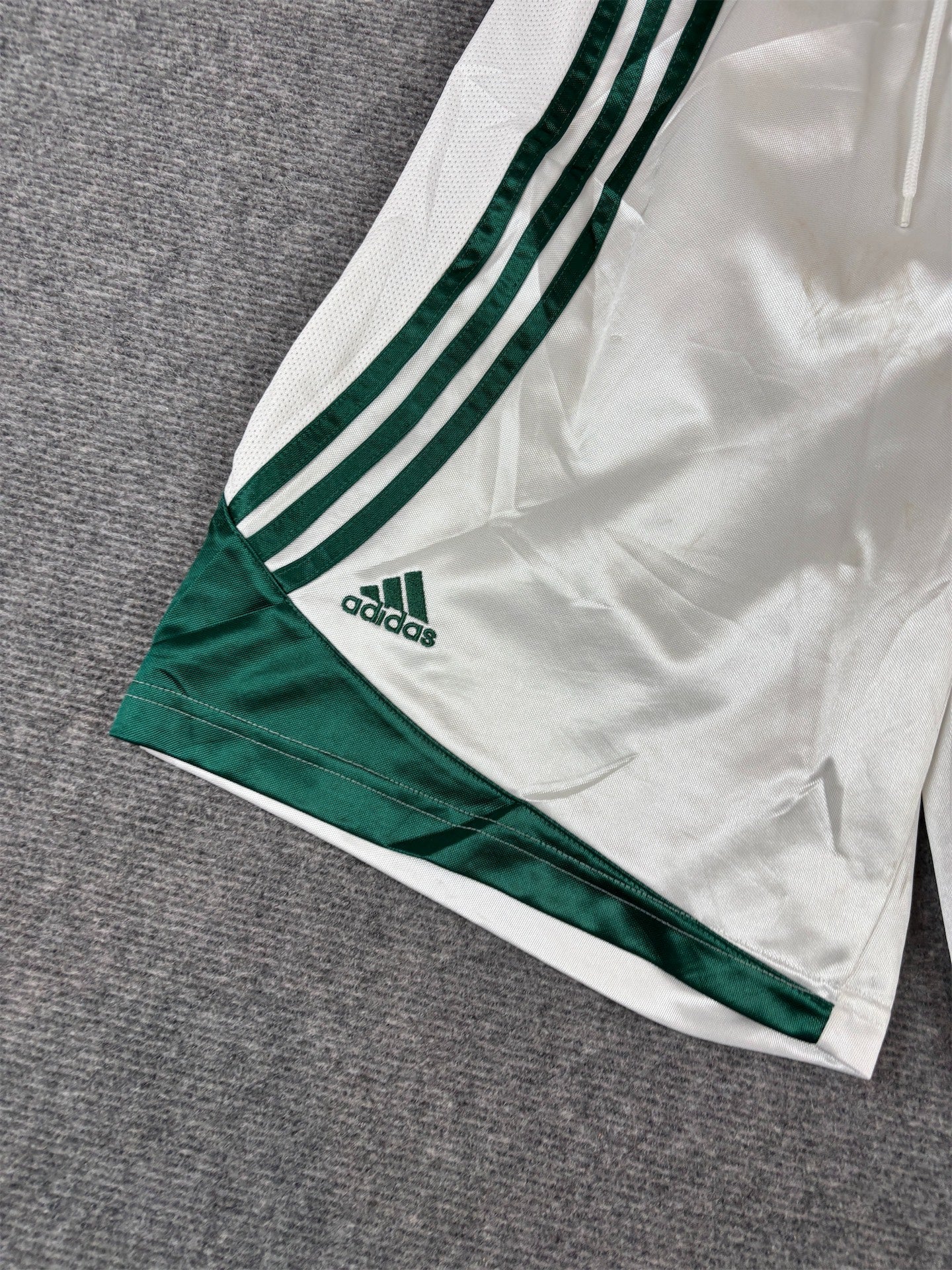 Vintage Y2K Adidas Celtics Shorts M White Poly Green Satin Finish Wide Fit