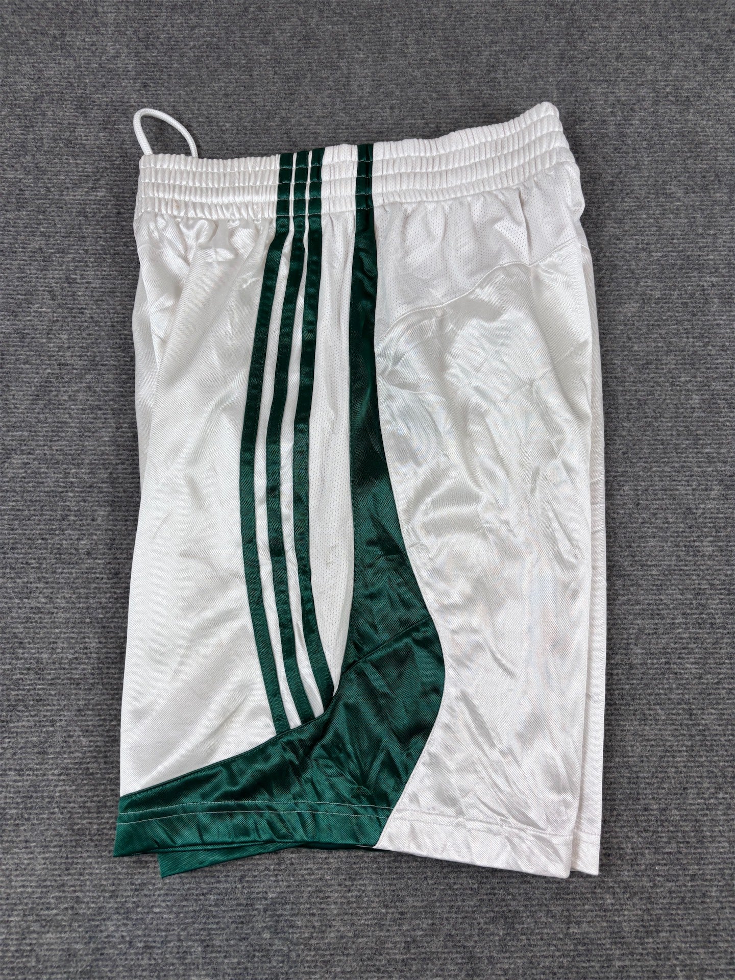 Vintage Y2K Adidas Celtics Shorts M White Poly Green Satin Finish Wide Fit