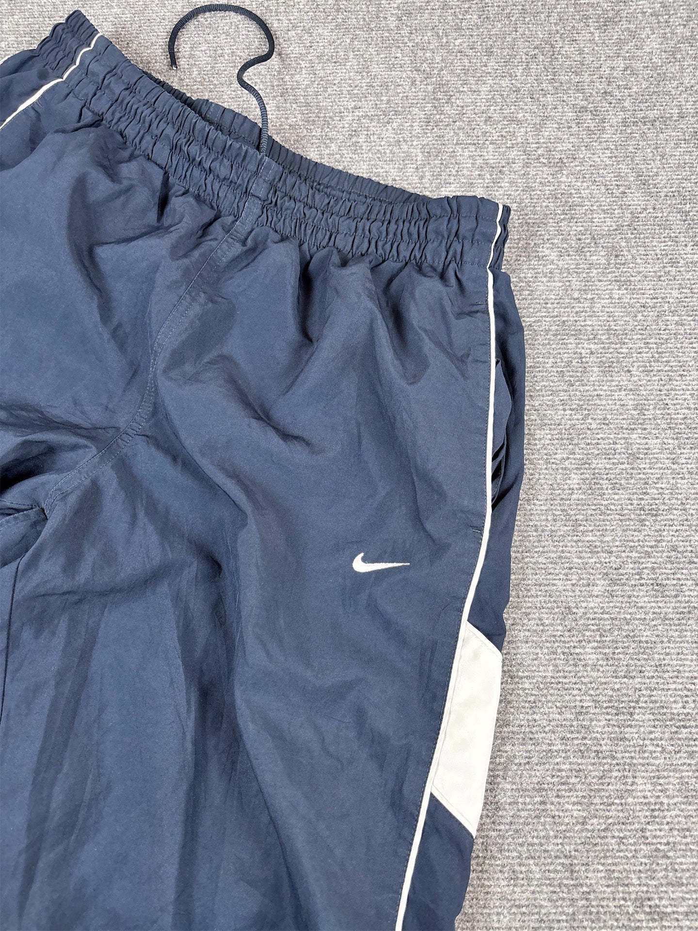 Y2K 10s Nike Track Pants XL Navy White Swoosh Piping Ankle Zip Wide Leg