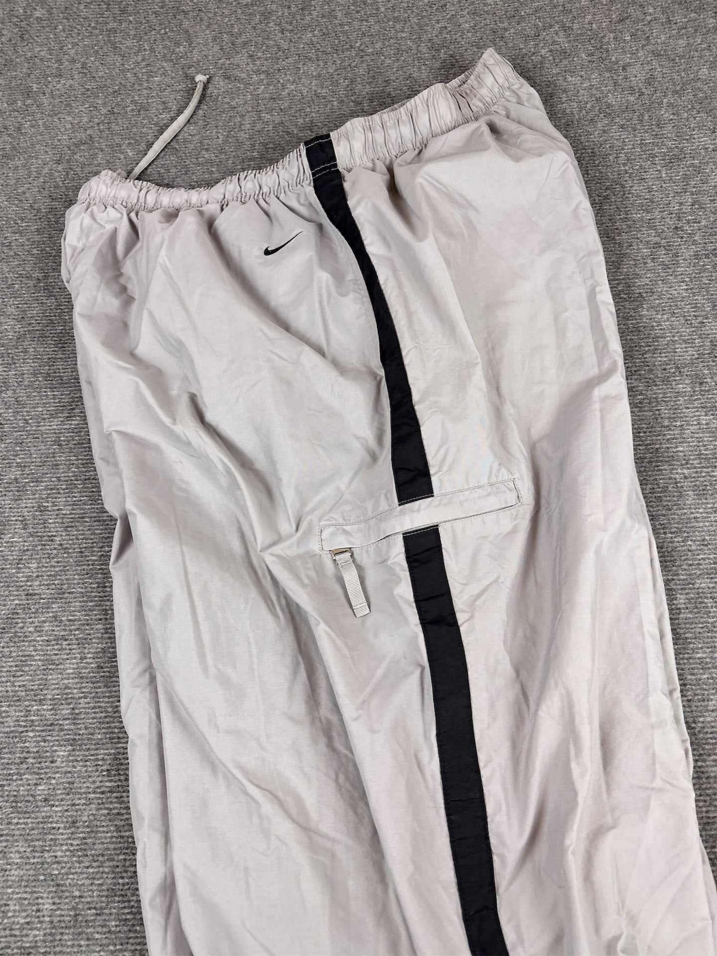 Vintage Y2K Nike Cargo Track Pants XXL Grey Black Spell Out Swoosh Super Baggy Fit