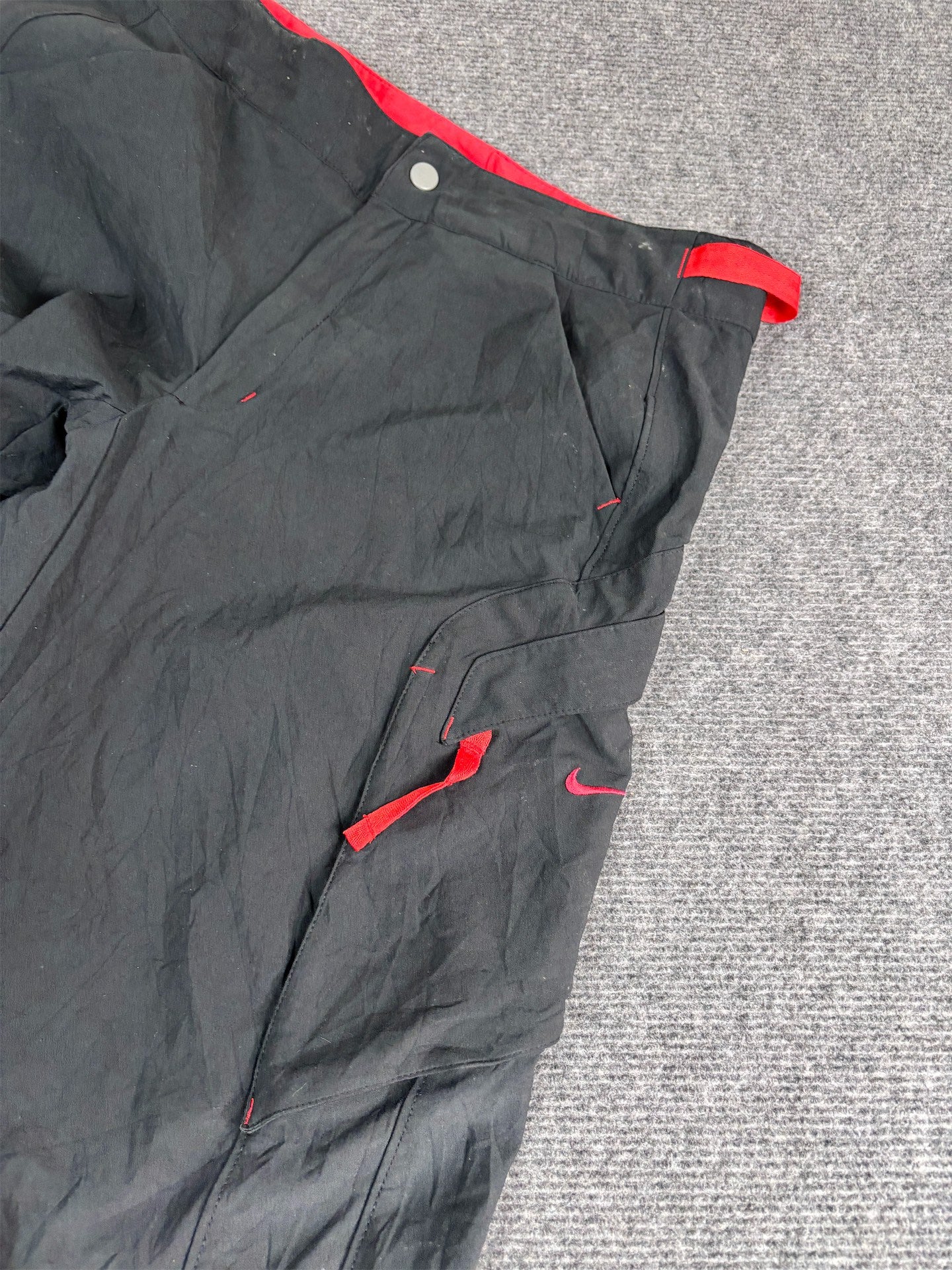 Vintage Y2K Nike Cargo Track Pants Women's S Black Red Swoosh Cotton Ankle Ties Button Zip Close Wide Leg