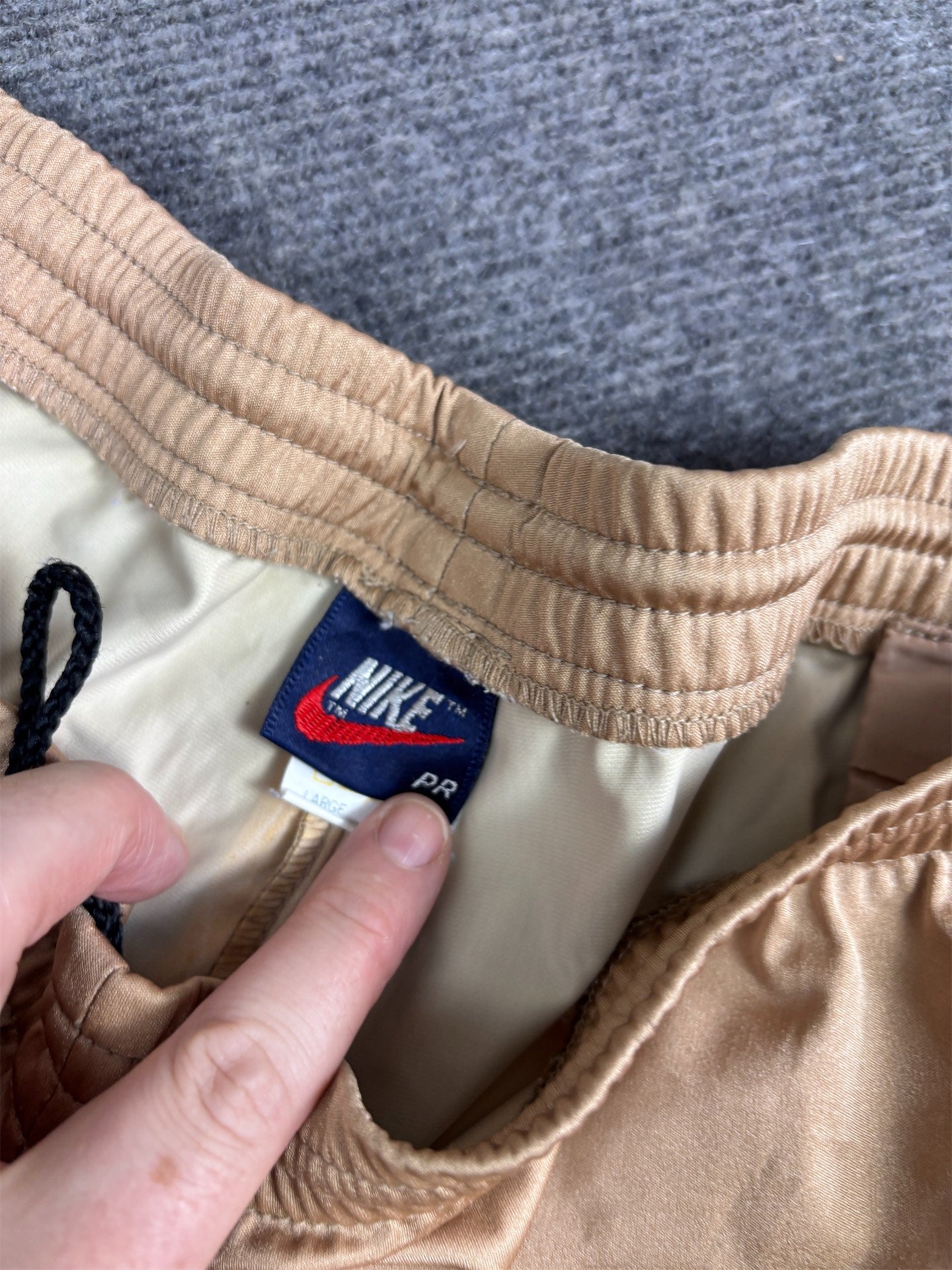 Vintage 80's Nike Track Pants Men's L Gold Rare Alberto Salazar Gortex PR Badge Logo Ankle Zip Wide Leg
