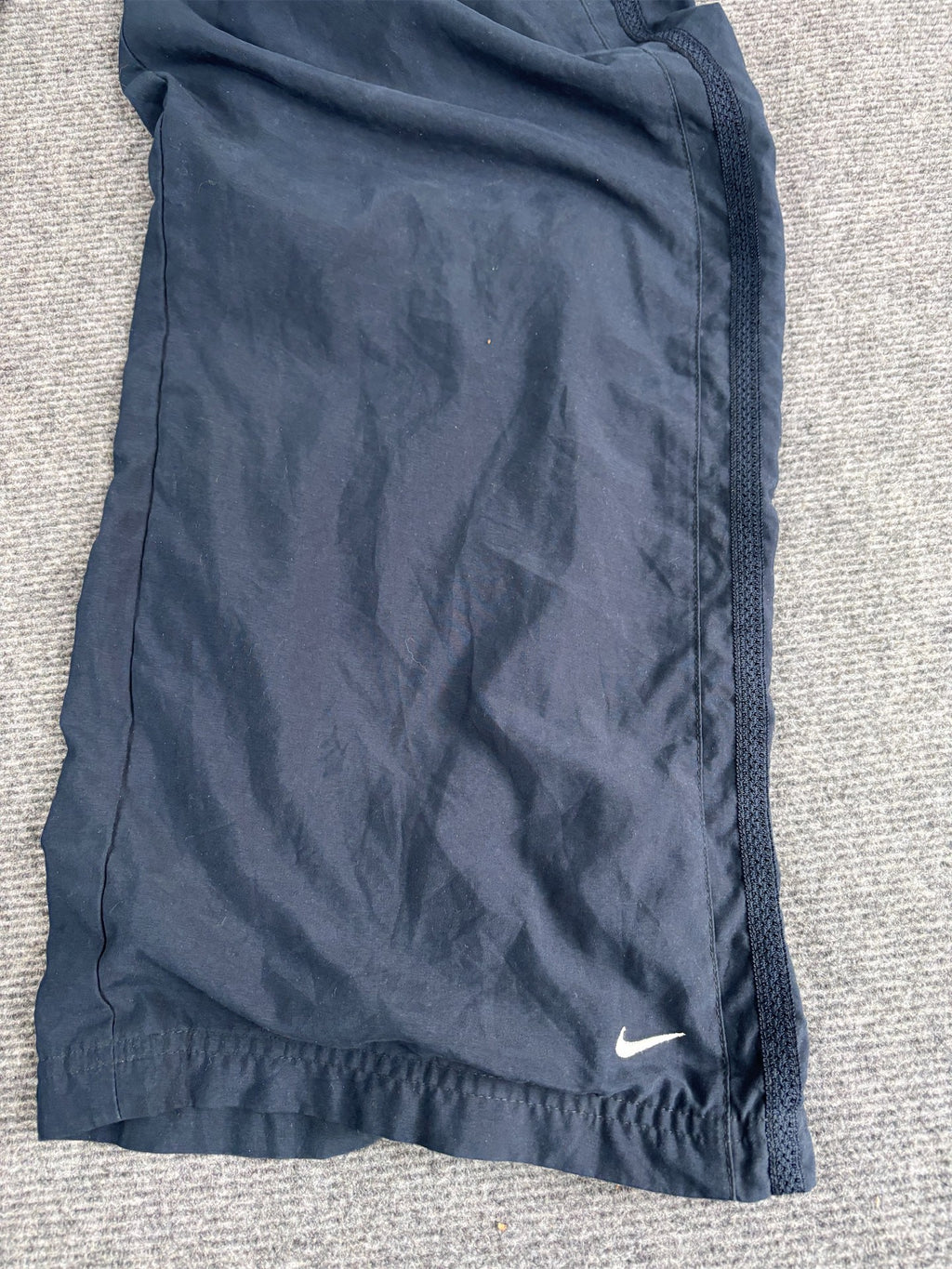Vintage Y2K Nike Track Pants Women's XL Navy Textured Panels White Ankle Swoosh Slit Wide Leg