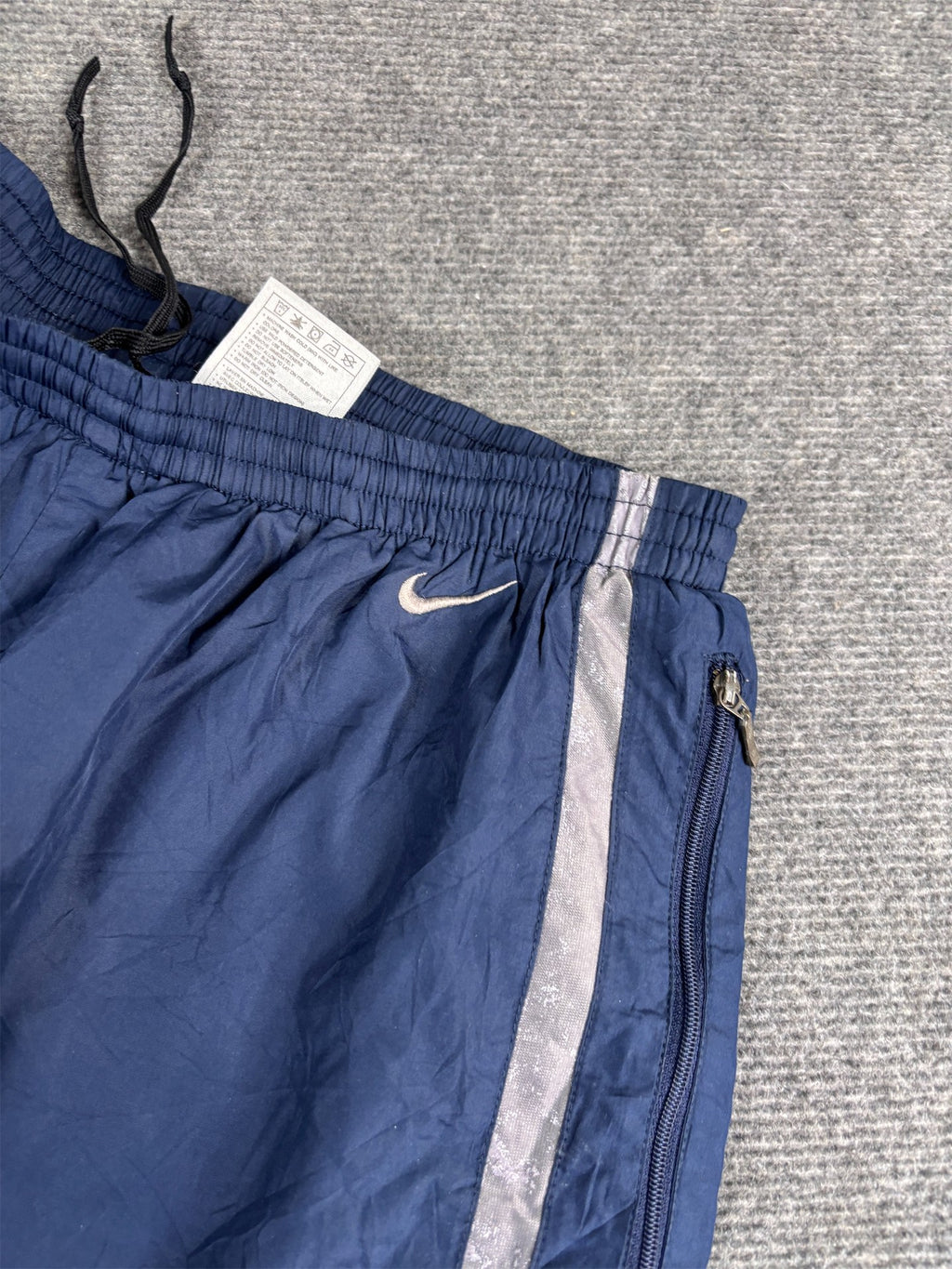 Vintage Y2K Nike Track Pants Men's L Navy Grey Panels Hip Swoosh Ankle Zips Wide Leg