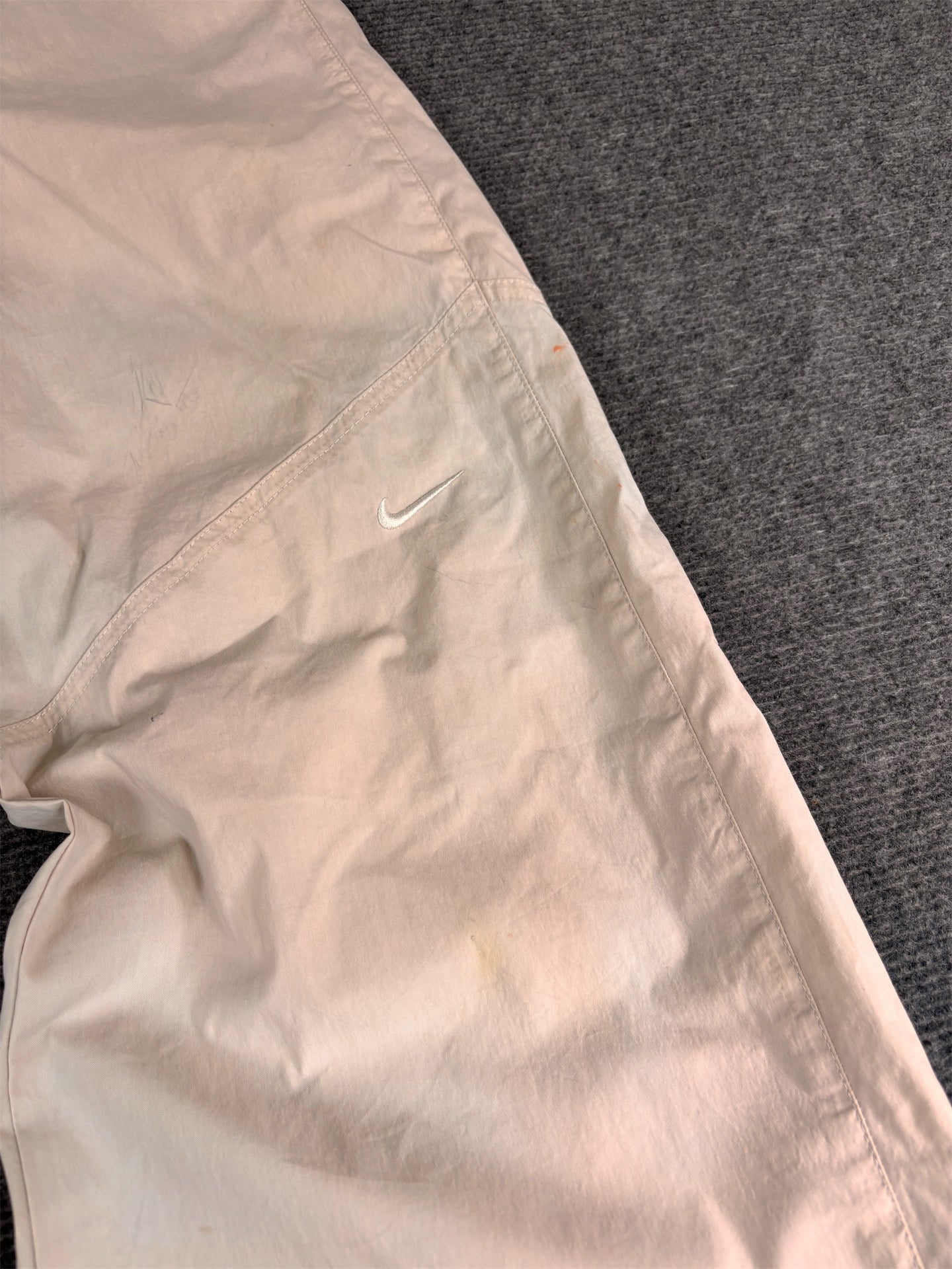 Women's Classic Nike Track Pants Size XS Beige Double Knee White Swoosh Flared Wide Leg