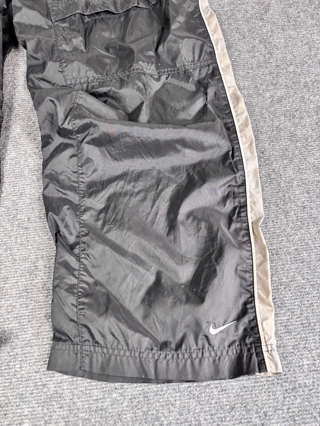 Vintage 90's Nike Cargo Track Pants Men's L Black White Piping Grey Panels Ankle Swoosh Wide Leg