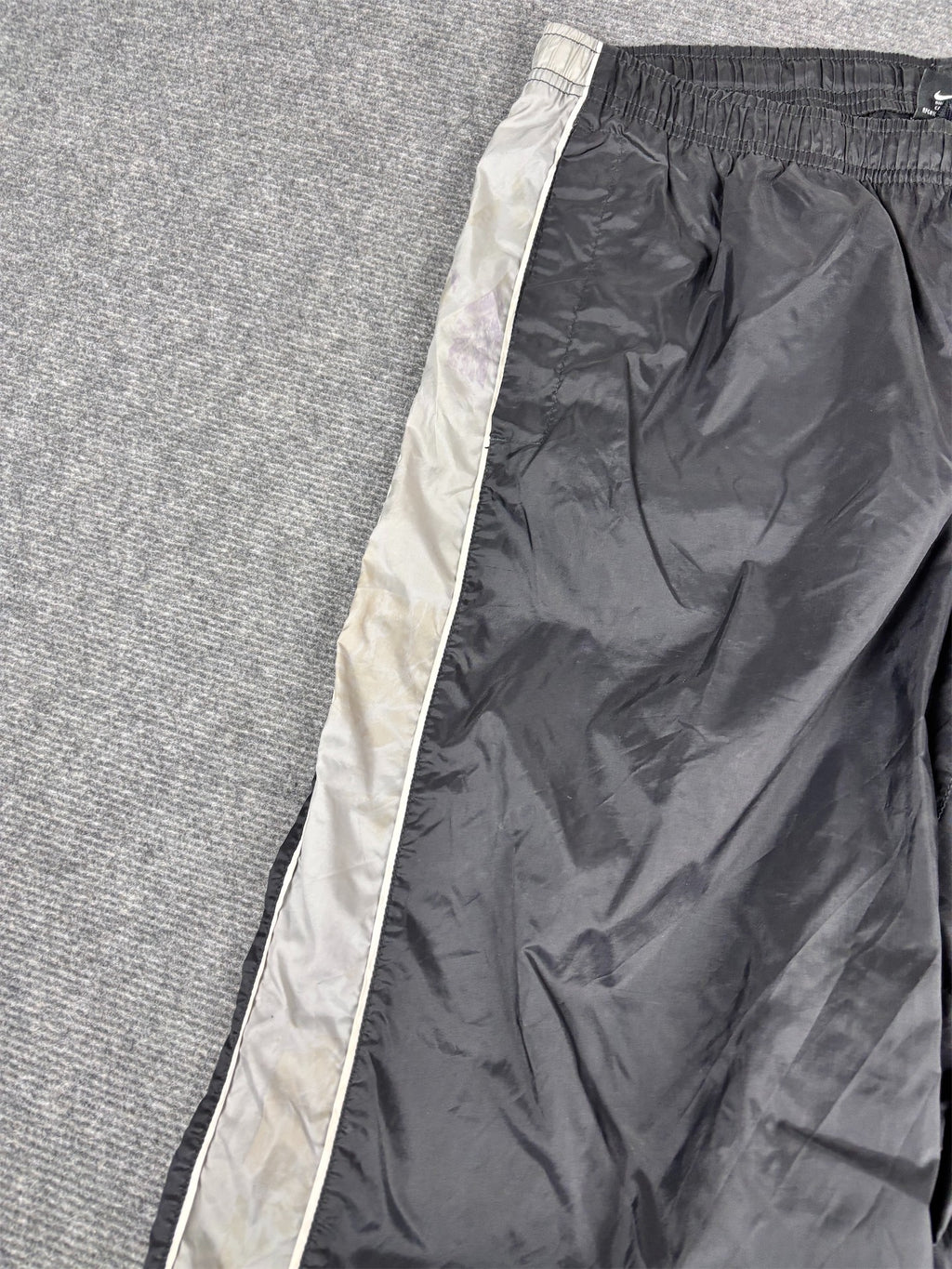 Vintage 90's Nike Cargo Track Pants Men's L Black White Piping Grey Panels Ankle Swoosh Wide Leg