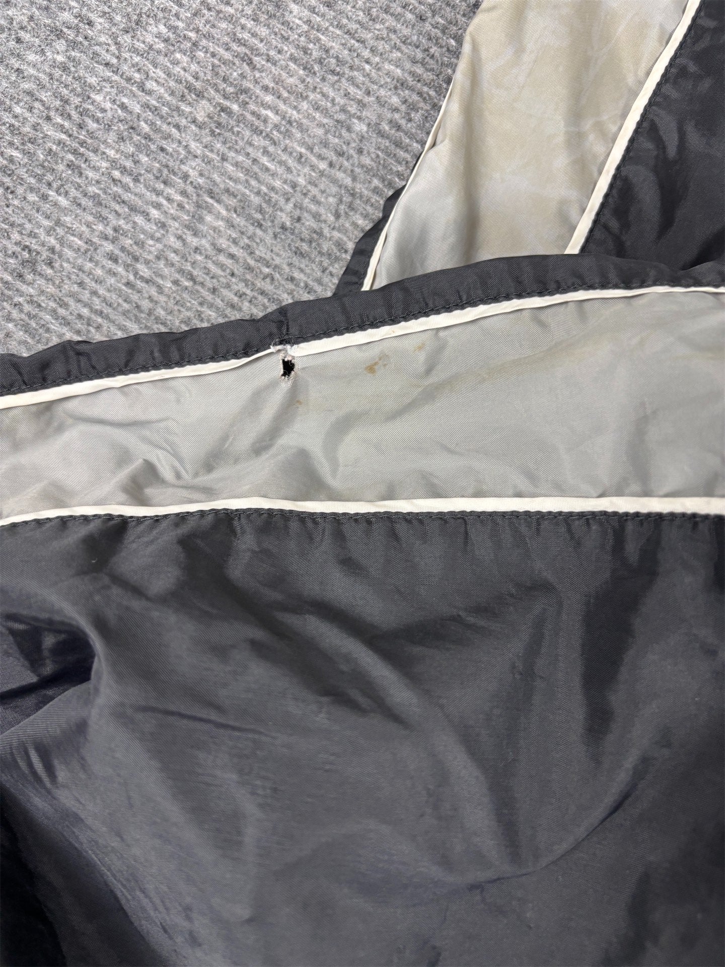 Vintage 90's Nike Cargo Track Pants Men's L Black White Piping Grey Panels Ankle Swoosh Wide Leg