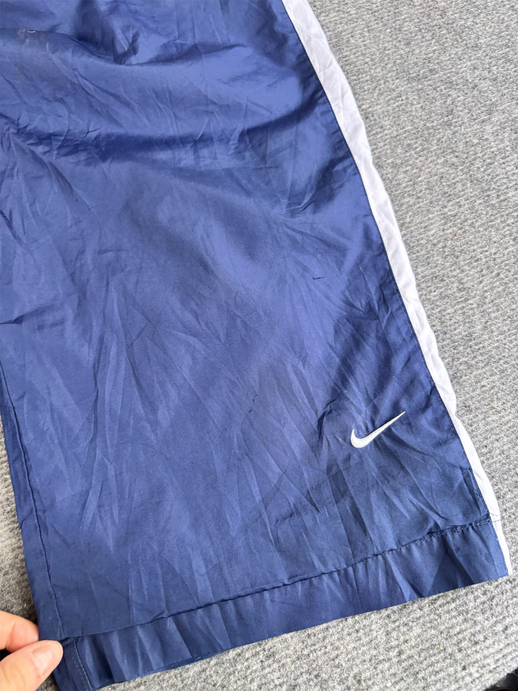 Vintage Y2K Nike Track Pants Women's L Navy Blue Grey Panels Ankle Swoosh Wide Leg