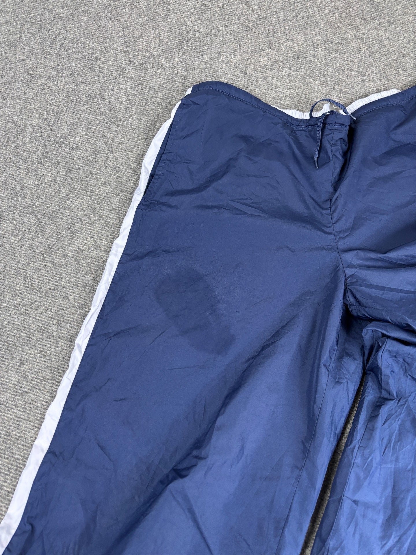 Vintage Y2K Nike Track Pants Women's L Navy Blue Grey Panels Ankle Swoosh Wide Leg