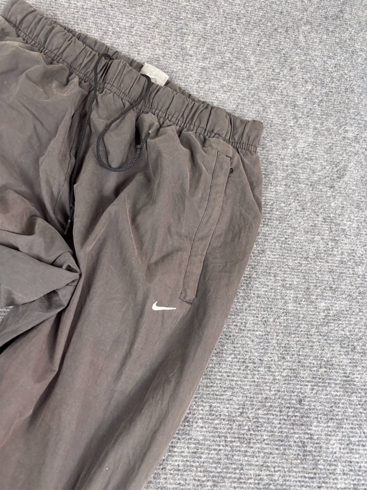 Vintage Y2K Nike Track Pants Men's M Dark Grey Mini White Swoosh Side Stitching Detail Velchro Ankle Straight Leg