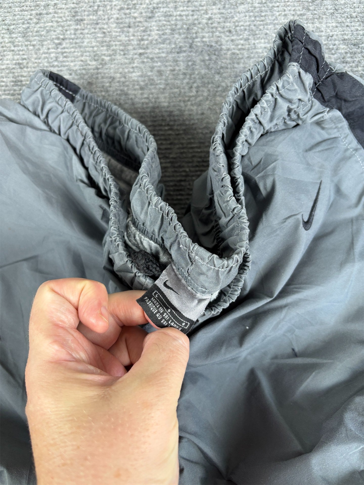 Vintage Y2K Nike Cargo Track Pants Men's L Grey Black Panels Hip Swoosh Spell Out Ankle Zips Wide Leg