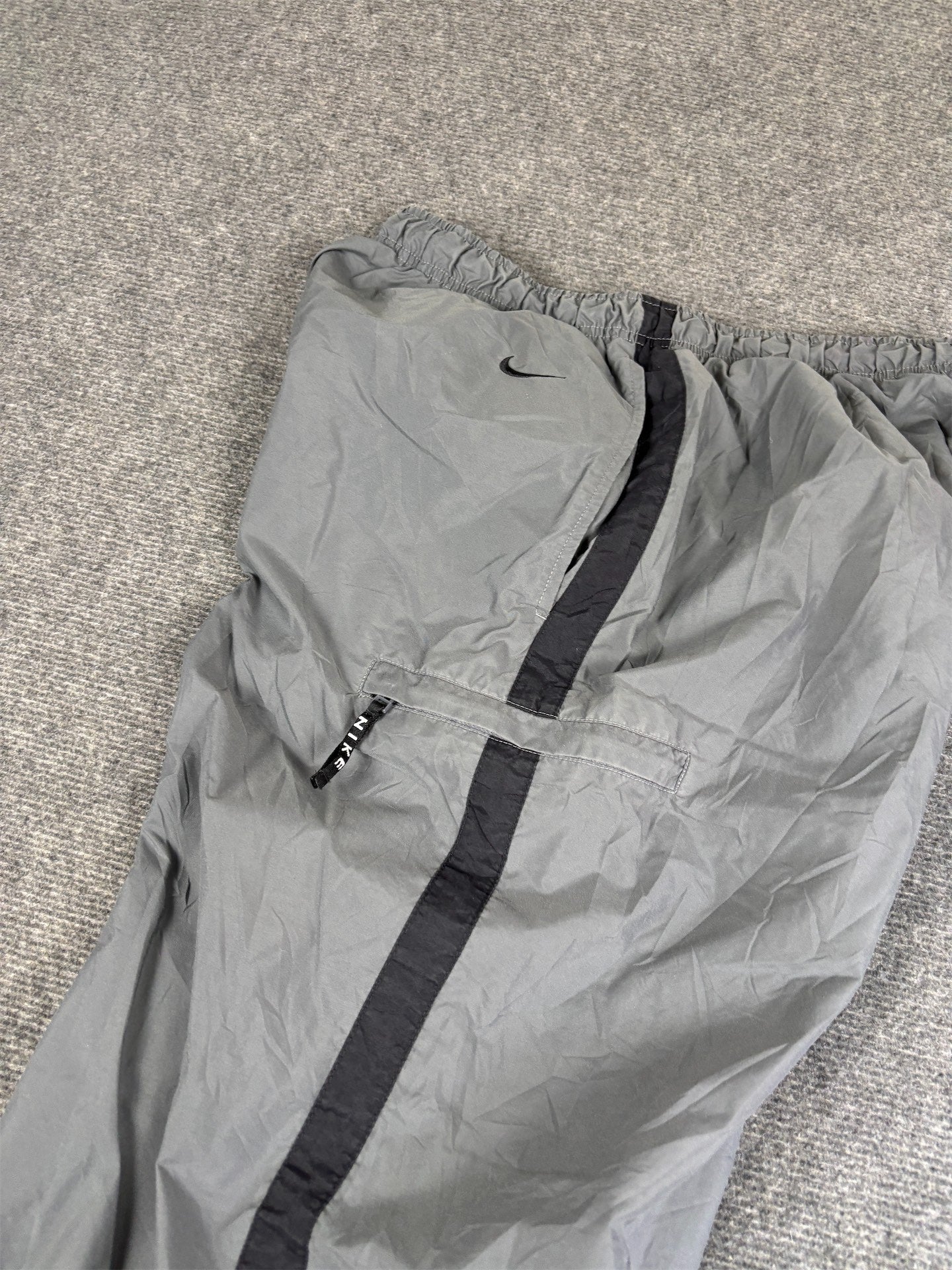 Vintage Y2K Nike Cargo Track Pants Men's L Grey Black Panels Hip Swoosh Spell Out Ankle Zips Wide Leg