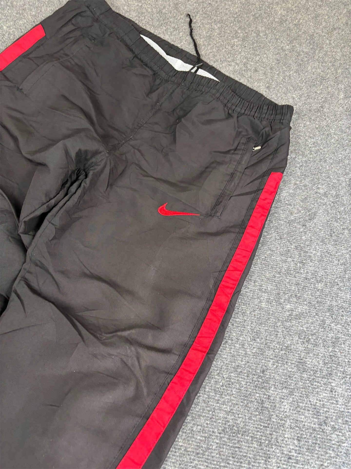 Vintage Y2K Nike Track Pants Men's L Black Red Swoosh Panels White Piping Ankle Zips Wide Leg