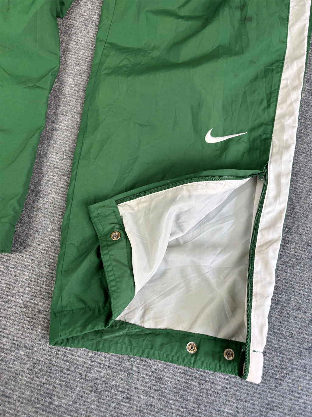 Vintage Men's Y2K Nike Track Pants Size S Green White Panels Swoosh Ankle Zips Wide Leg
