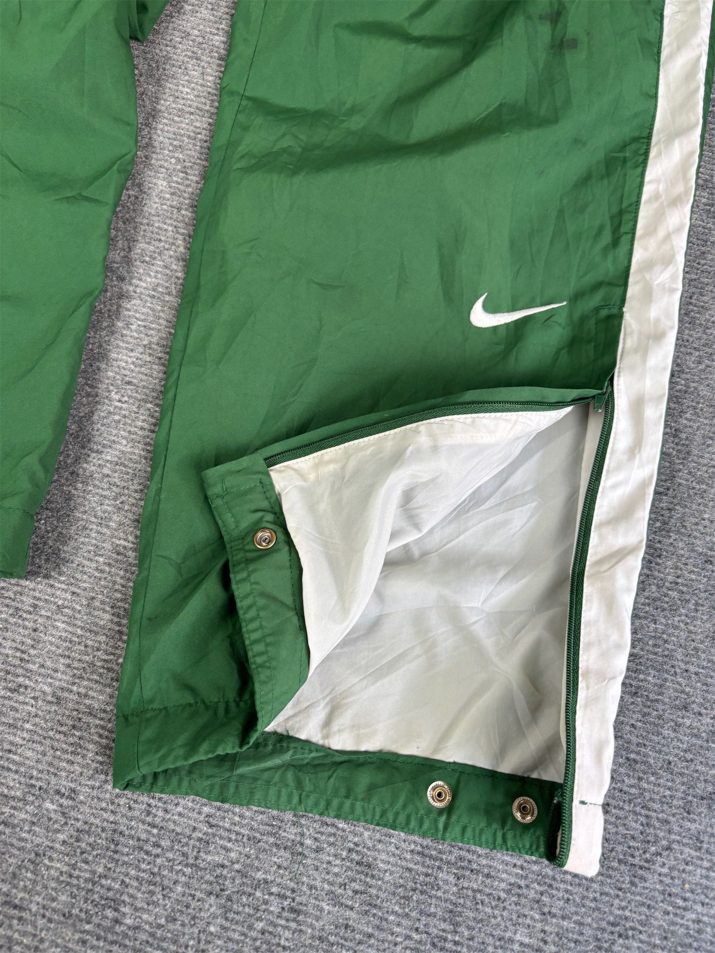 Vintage Men's Y2K Nike Track Pants Size S Green White Panels Swoosh Ankle Zips Wide Leg