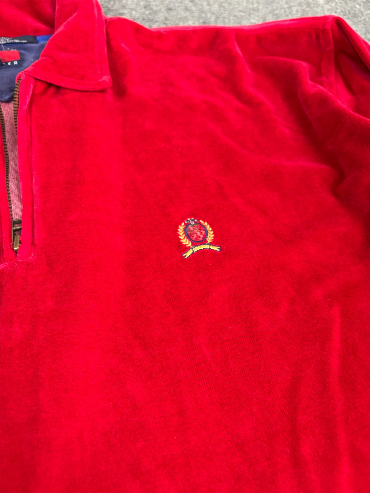 Vintage 90's Tommy Hilfiger 1/4 Zip Fleece Men's XL Red Velour Embroidered Logo Jumper Collared
