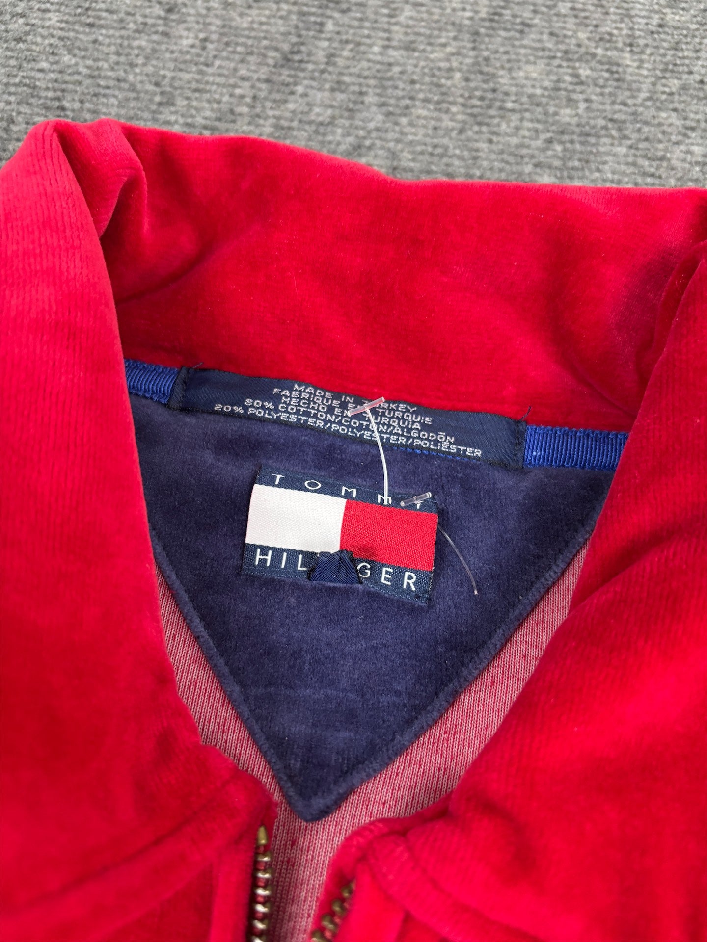 Vintage 90's Tommy Hilfiger 1/4 Zip Fleece Men's XL Red Velour Embroidered Logo Jumper Collared