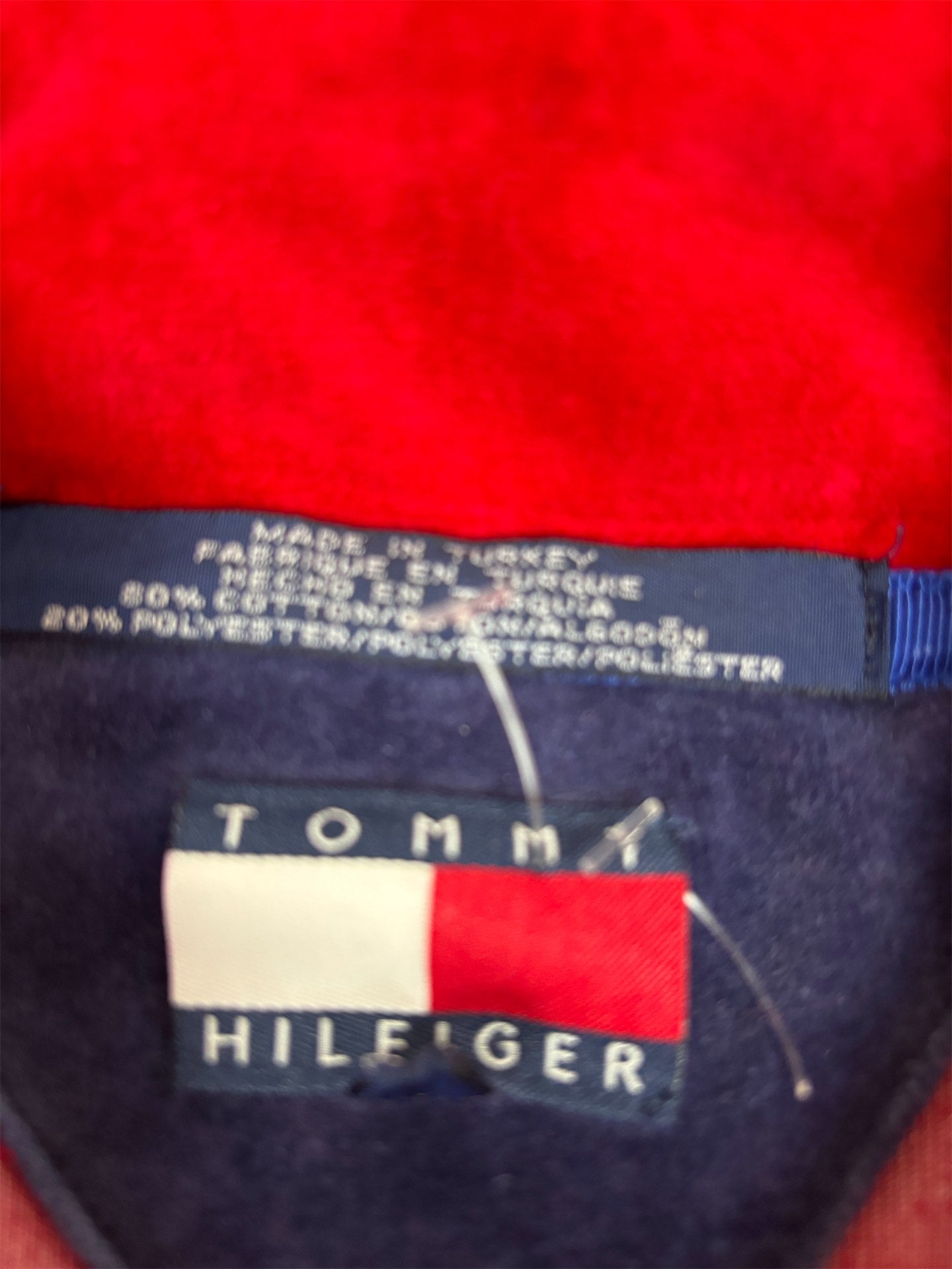 Vintage 90's Tommy Hilfiger 1/4 Zip Fleece Men's XL Red Velour Embroidered Logo Jumper Collared