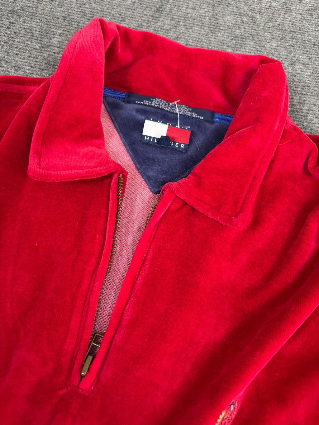 Vintage 90's Tommy Hilfiger 1/4 Zip Fleece Men's XL Red Velour Embroidered Logo Jumper Collared