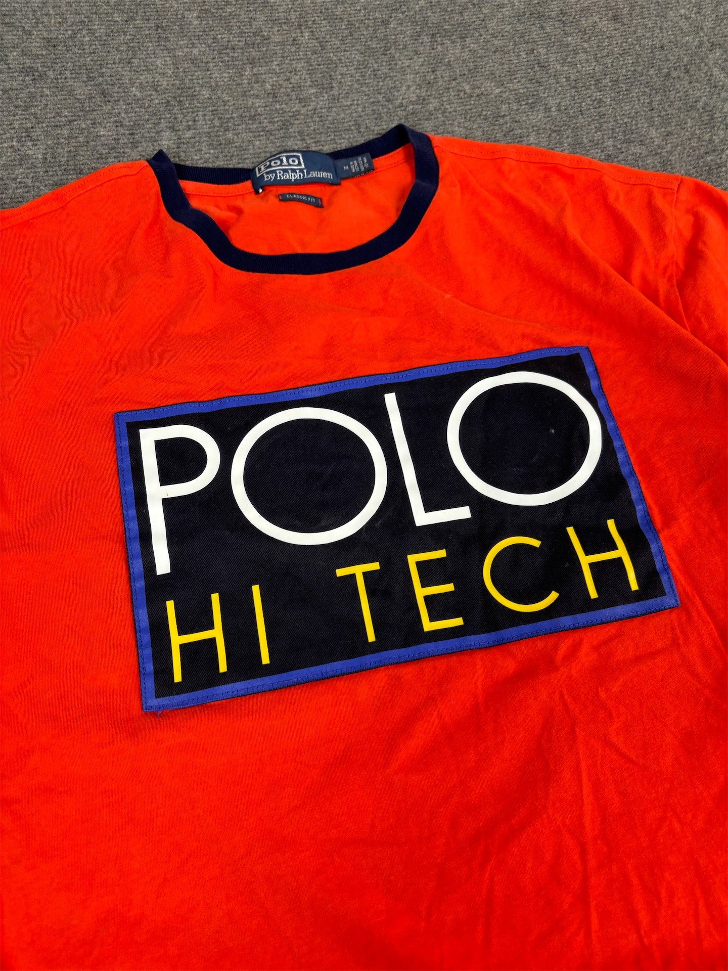 Vintage 90's Polo Ralph Lauren T-shirt Men's M Orange High Tech Single Stitch Ringer Style Graphic tee Round Neck