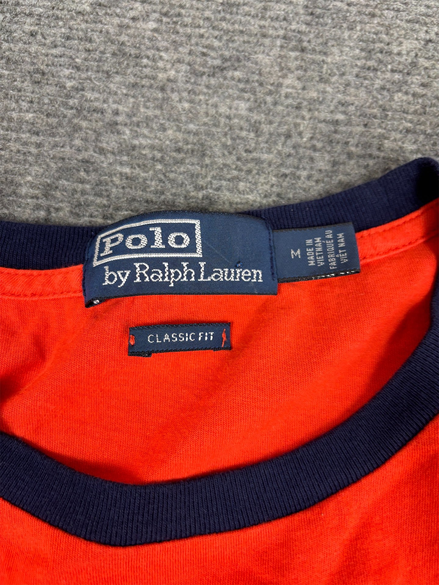 Vintage 90's Polo Ralph Lauren T-shirt Men's M Orange High Tech Single Stitch Ringer Style Graphic tee Round Neck