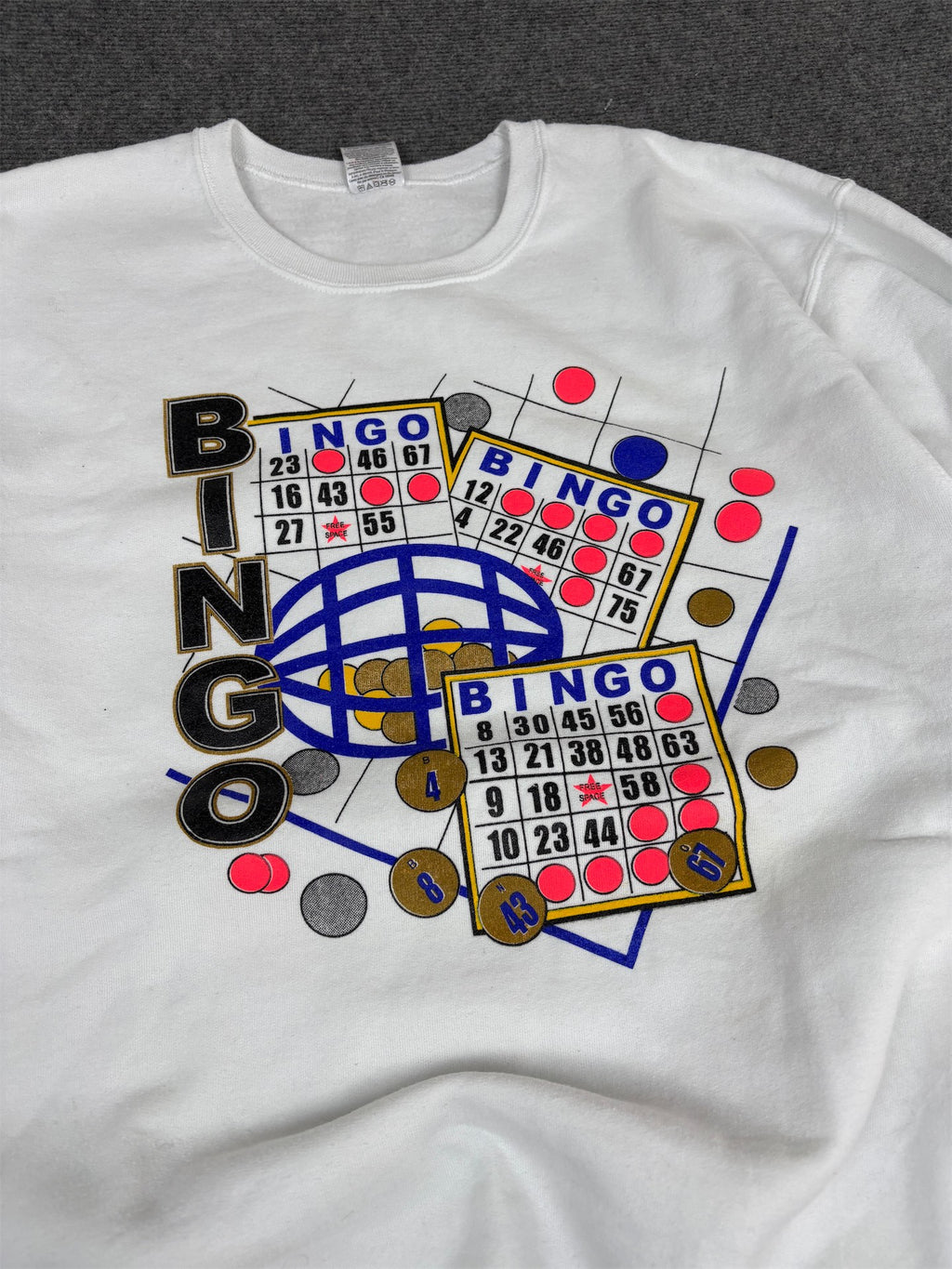 Vintage Y2K Jerzees Jumper Men's L White Bingo Graphic Sweatshirt Crew Neck