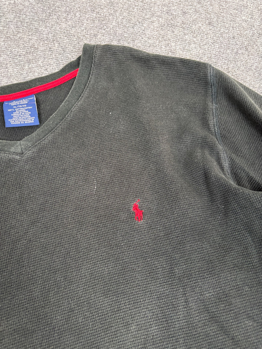 Y2K Polo Ralph Lauren Jumper Men's XL Black Red Pony Waffle Knit Long Sleeve V-Neck