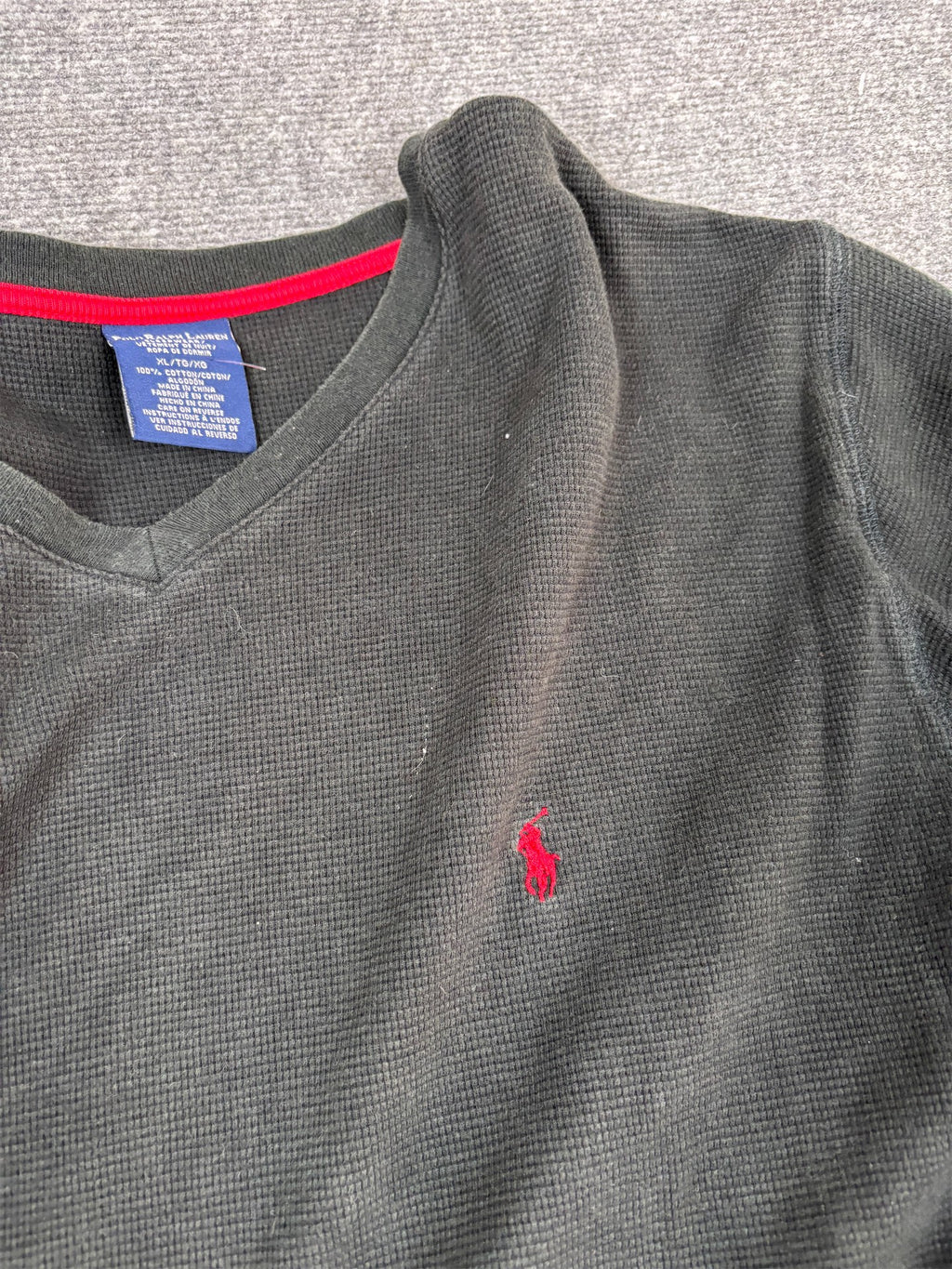 Y2K Polo Ralph Lauren Jumper Men's XL Black Red Pony Waffle Knit Long Sleeve V-Neck