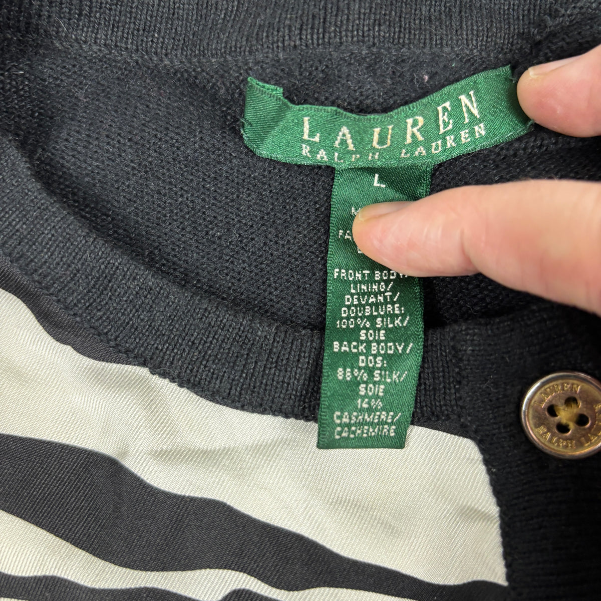 Lauren Ralph Lauren Cashmere Silk Cardigan Women's Large Black White y2k Style