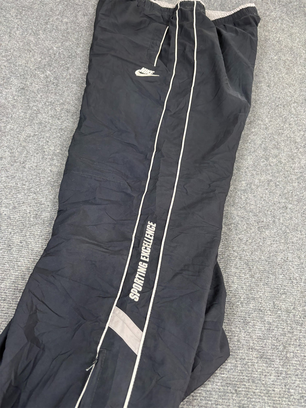 Vintage Y2K Nike Track Pants Men's XL Black White Piping Spell Out Joggers Wide Leg
