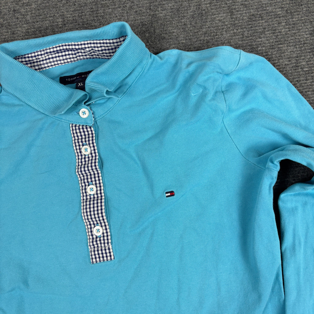 Tommy Hilfiger Long Sleeve Polo Shirt Women's Small Blue 4 Button Petite Top