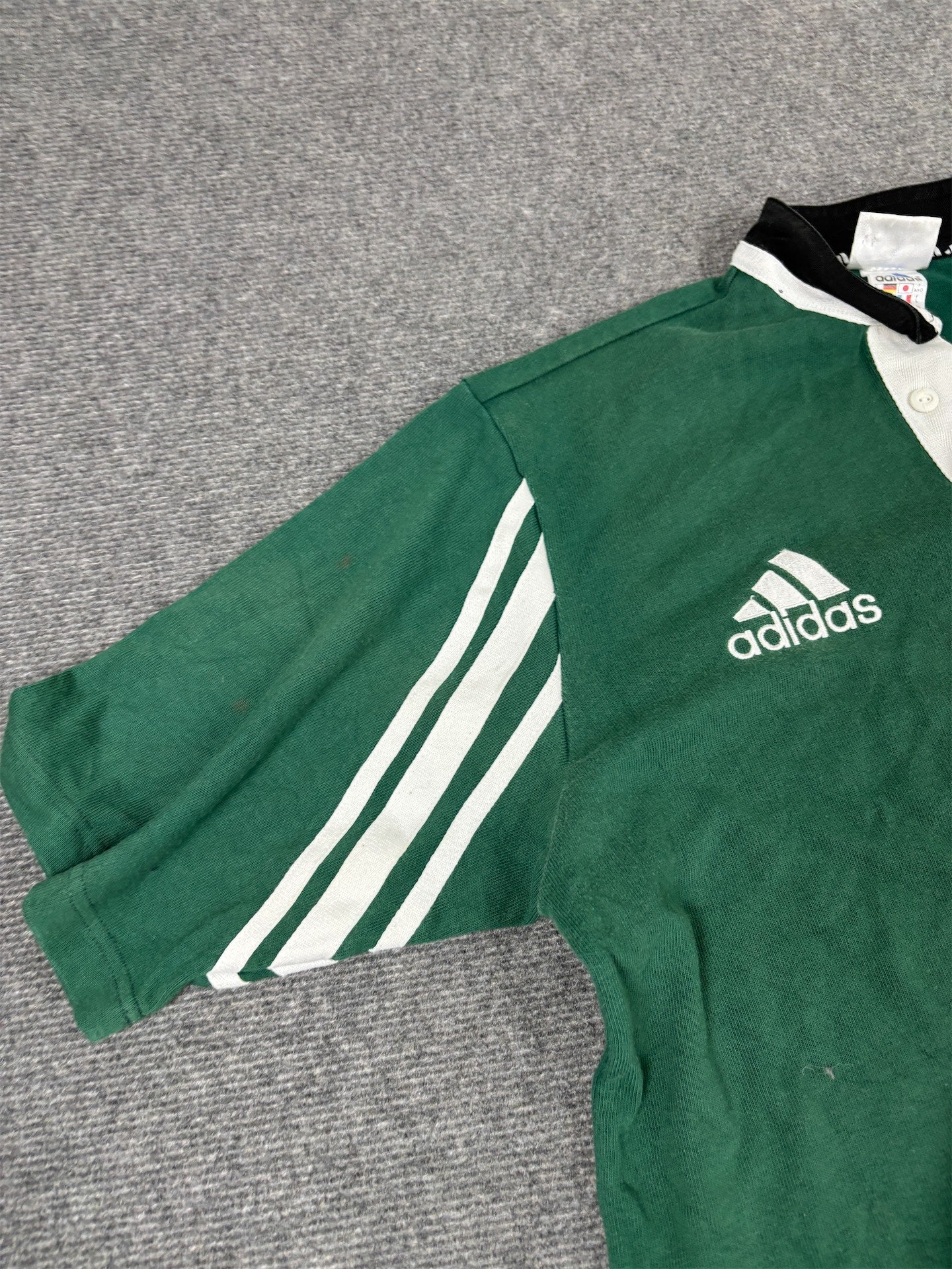 Vintage 90's Adidas Rugby Polo Men's L Green White Logo 3 Stripe Shirt Heavy  Button Down