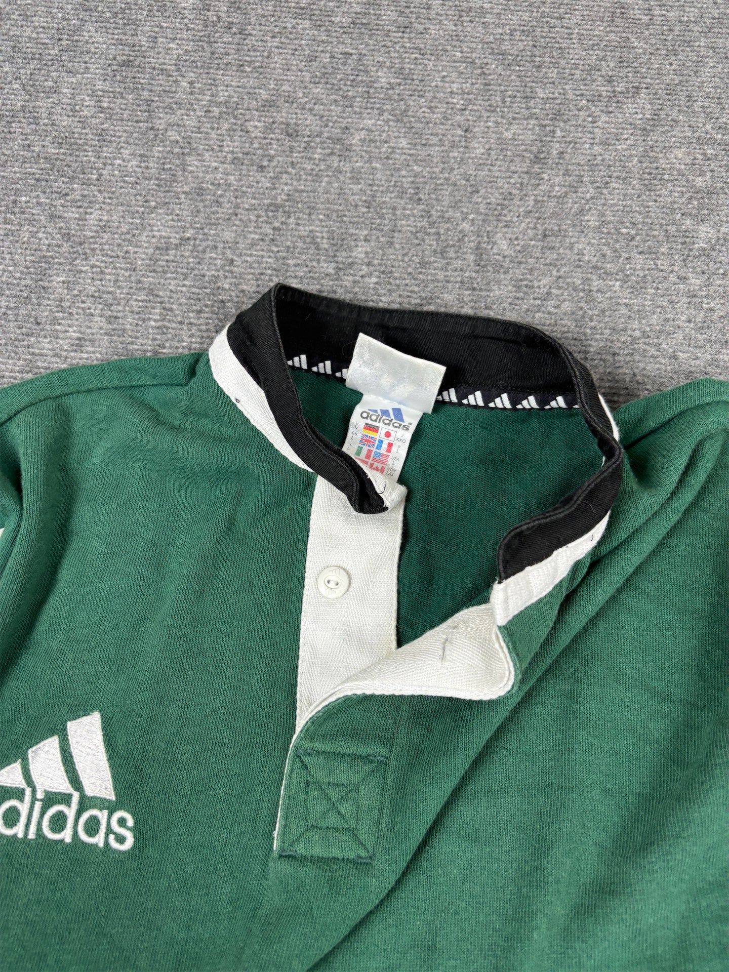 Vintage 90's Adidas Rugby Polo Men's L Green White Logo 3 Stripe Shirt Heavy  Button Down