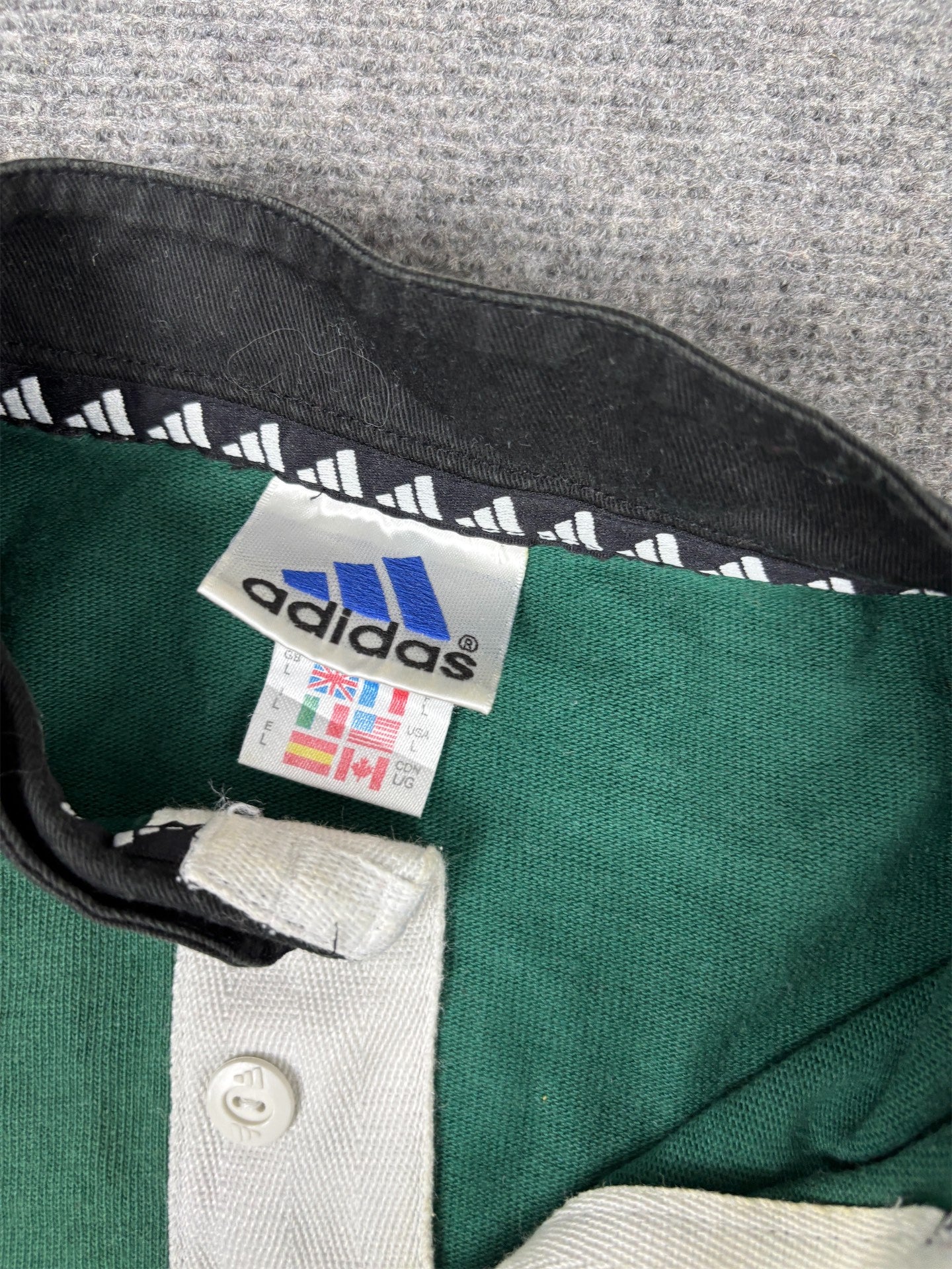 Vintage 90's Adidas Rugby Polo Men's L Green White Logo 3 Stripe Shirt Heavy  Button Down