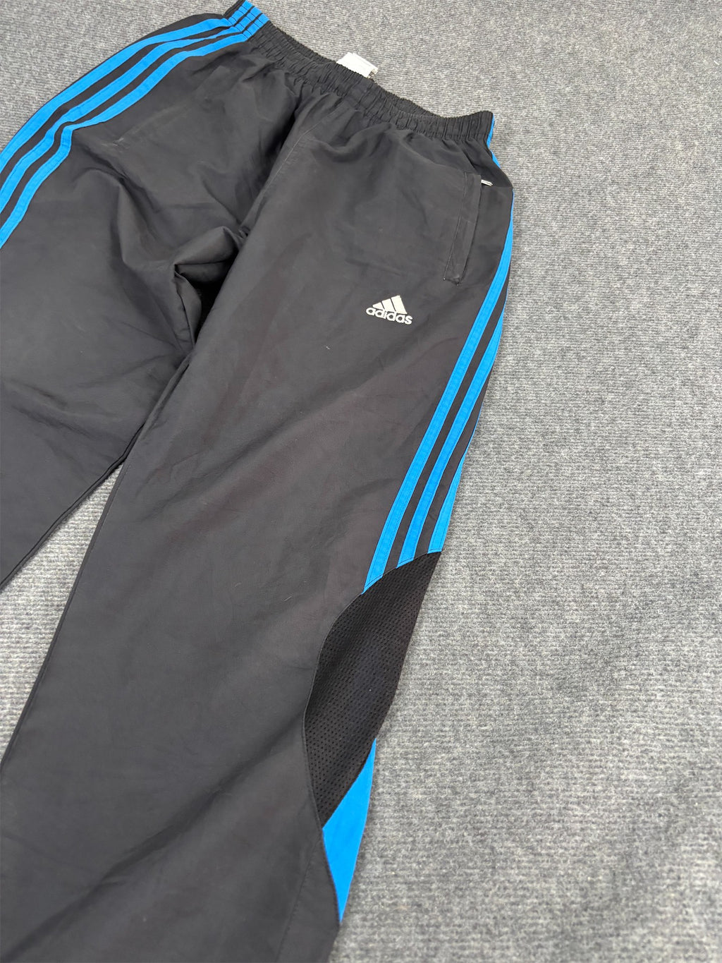 Vintage Y2K Adidas Track Pants Men's S Black Blue 3 Stripe Mesh Panel Joggers Wide Leg