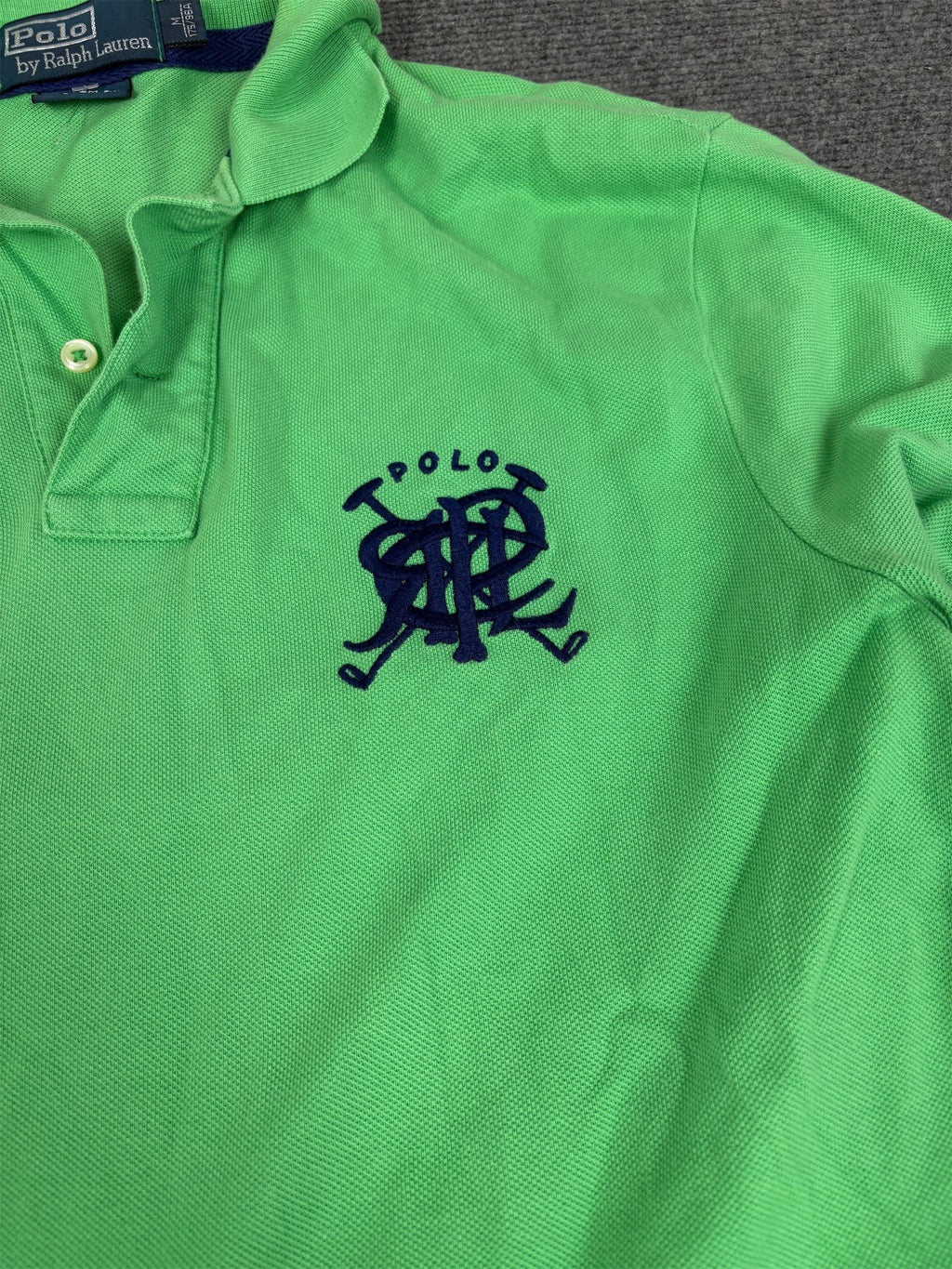 Vintage 90's Polo Ralph Lauren Polo Men's M Green Navy Double Mallet Embroiderd Logo Collared