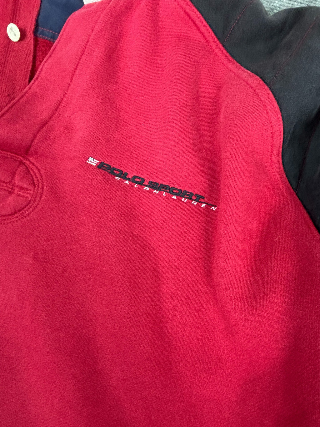 Vintage 90's Polo Sport Rugby Jumper Men's L Red Navy Embroidered Logo Collard Sweatshirt Collared